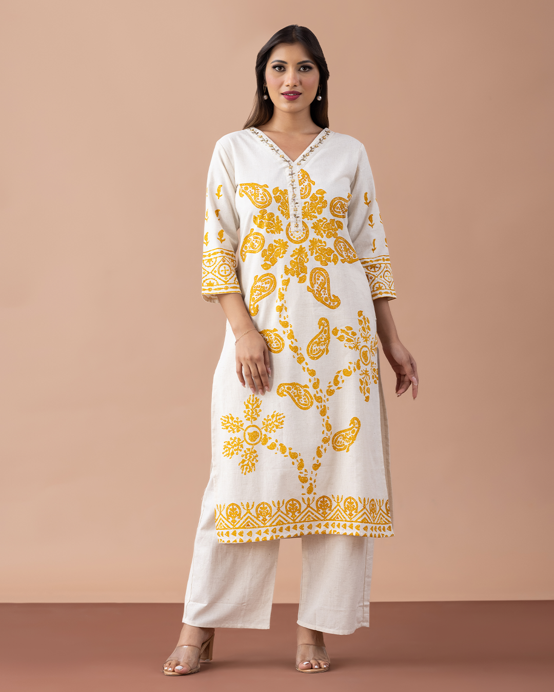 Off-White and Yellow Printed Kurta with Sequins Work