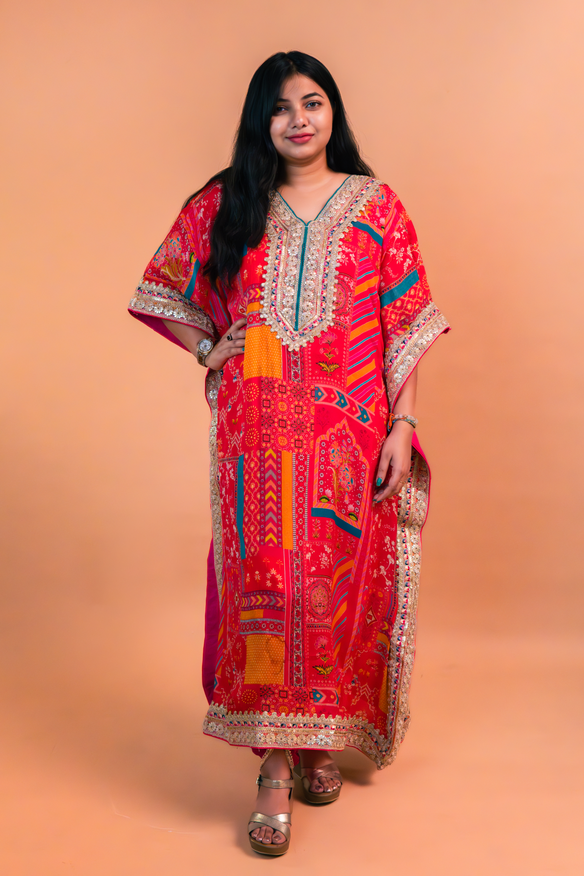 Red/Pink Multicolor Chinnon Kaftan with Dhoti -Set of 2