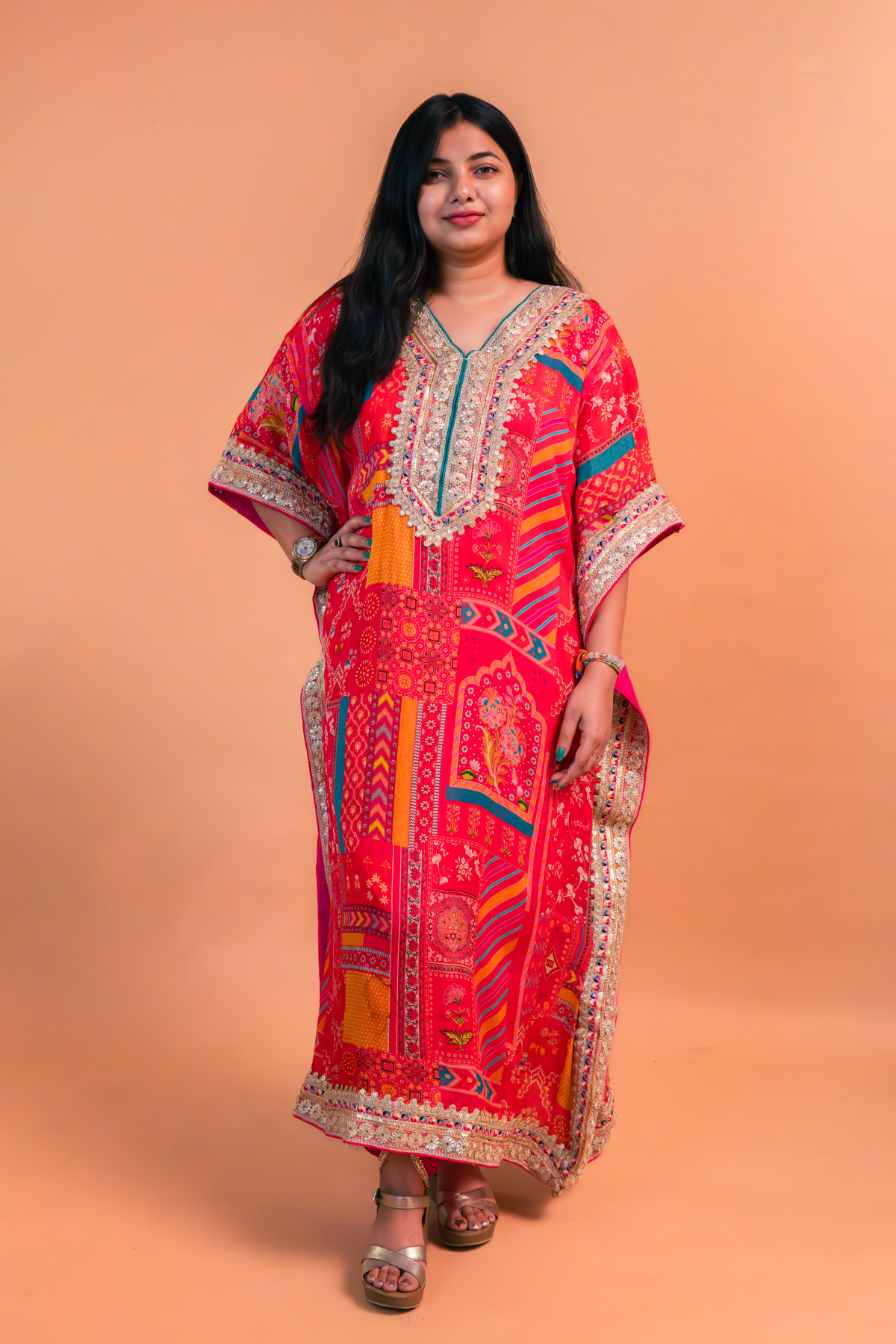 Red/Pink Multicolor Chinnon Kaftan with Dhoti -Set of 2