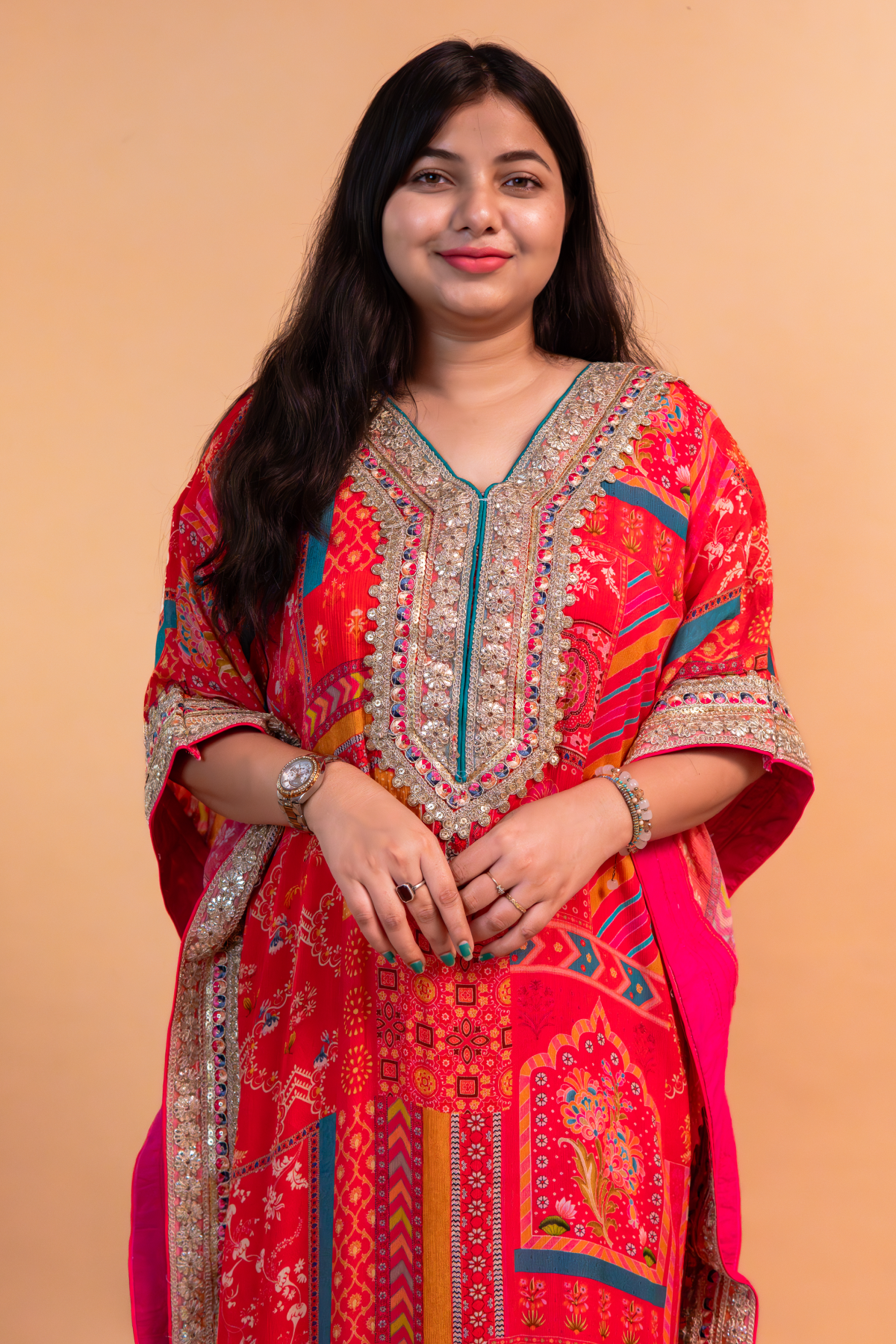 Red/Pink Multicolor Chinnon Kaftan with Dhoti -Set of 2