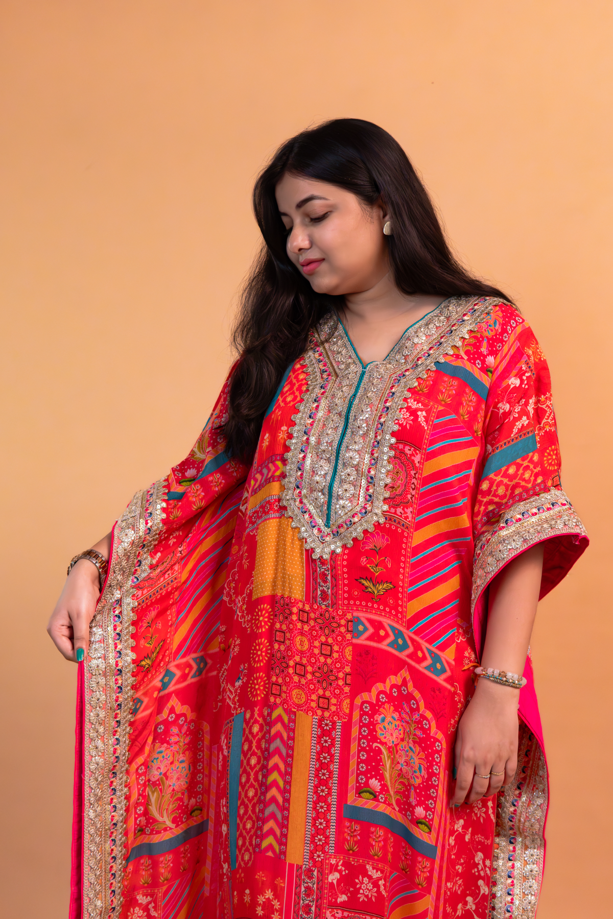 Red/Pink Multicolor Chinnon Kaftan with Dhoti -Set of 2