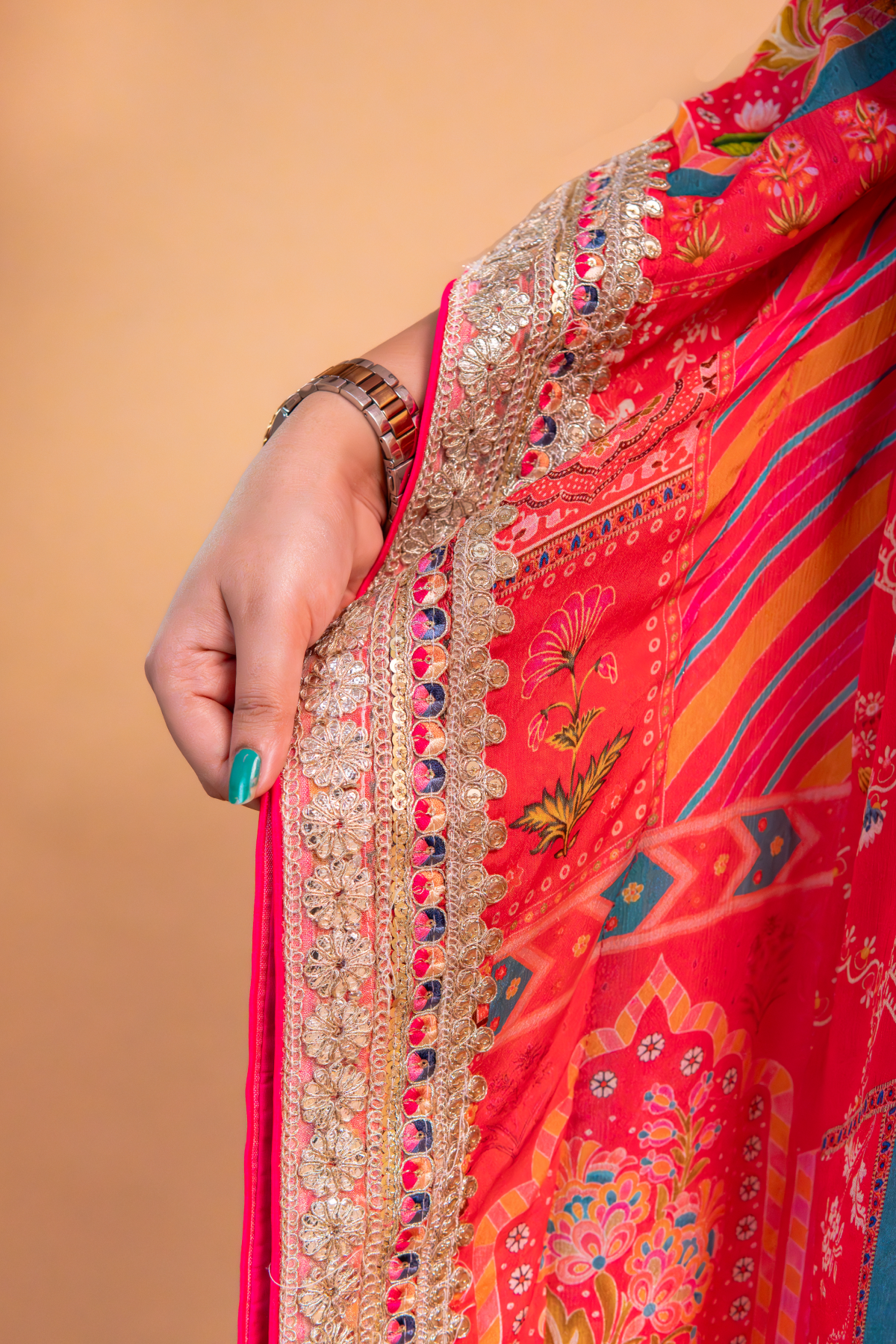 Red/Pink Multicolor Chinnon Kaftan with Dhoti -Set of 2