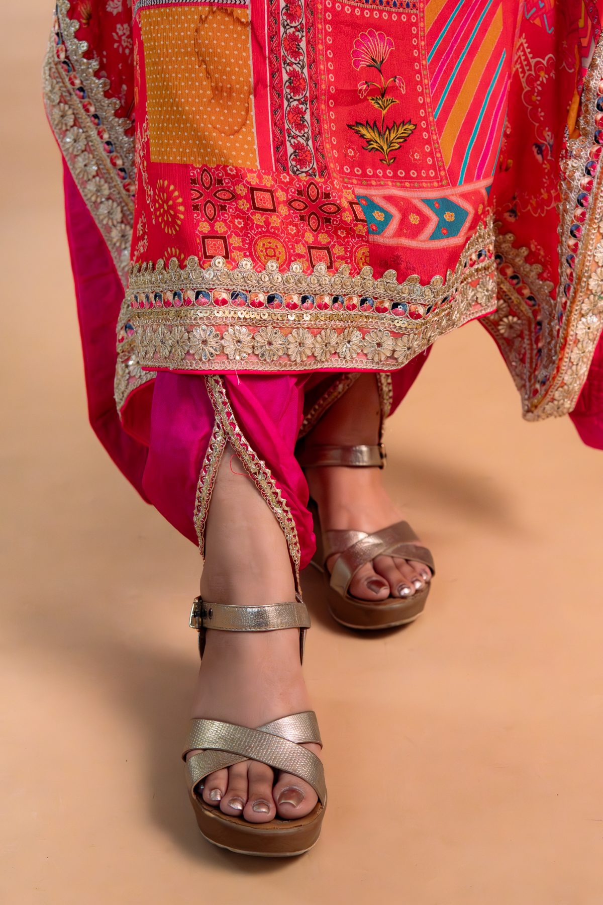Red/Pink Multicolor Chinnon Kaftan with Dhoti -Set of 2