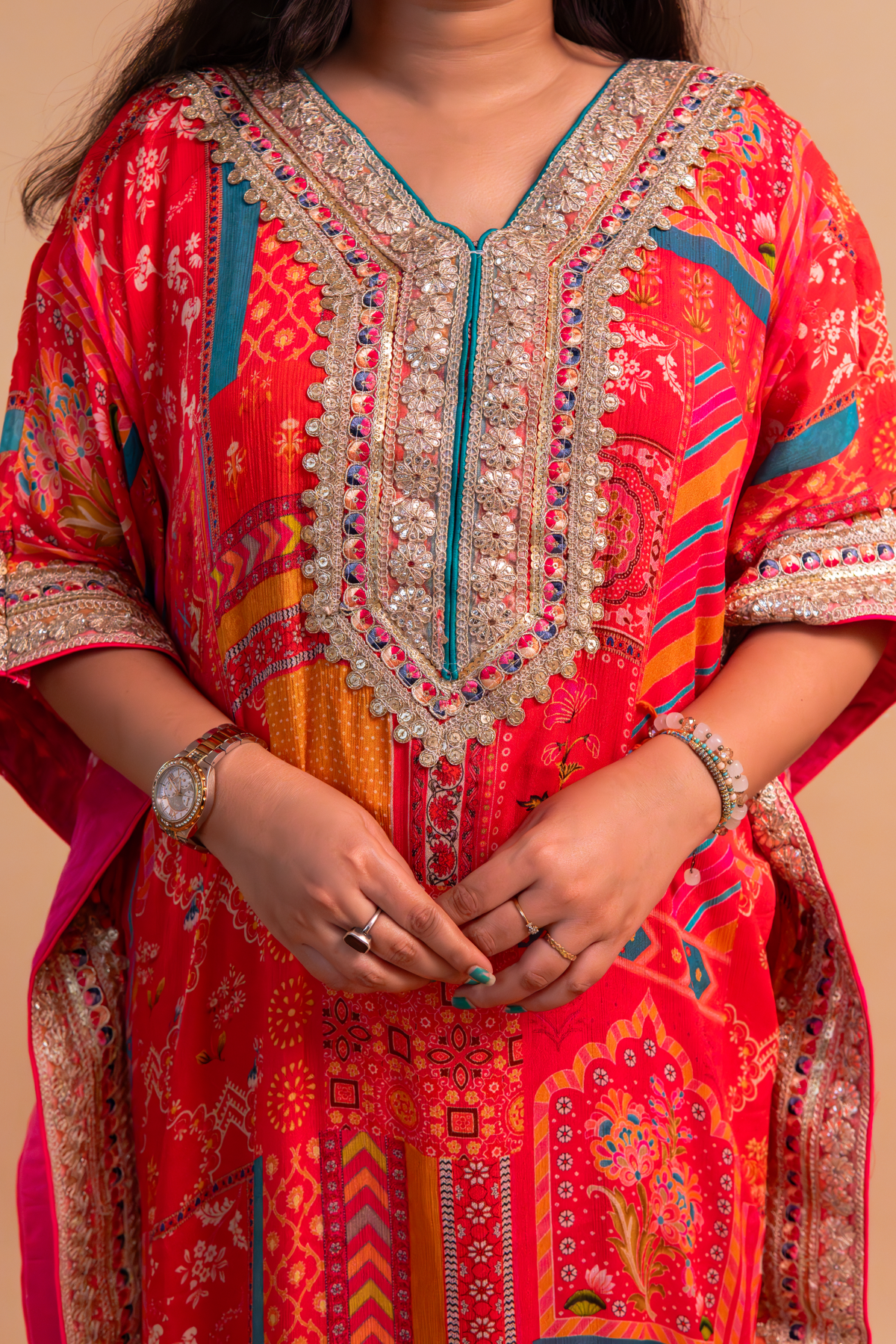 Red/Pink Multicolor Chinnon Kaftan with Dhoti -Set of 2