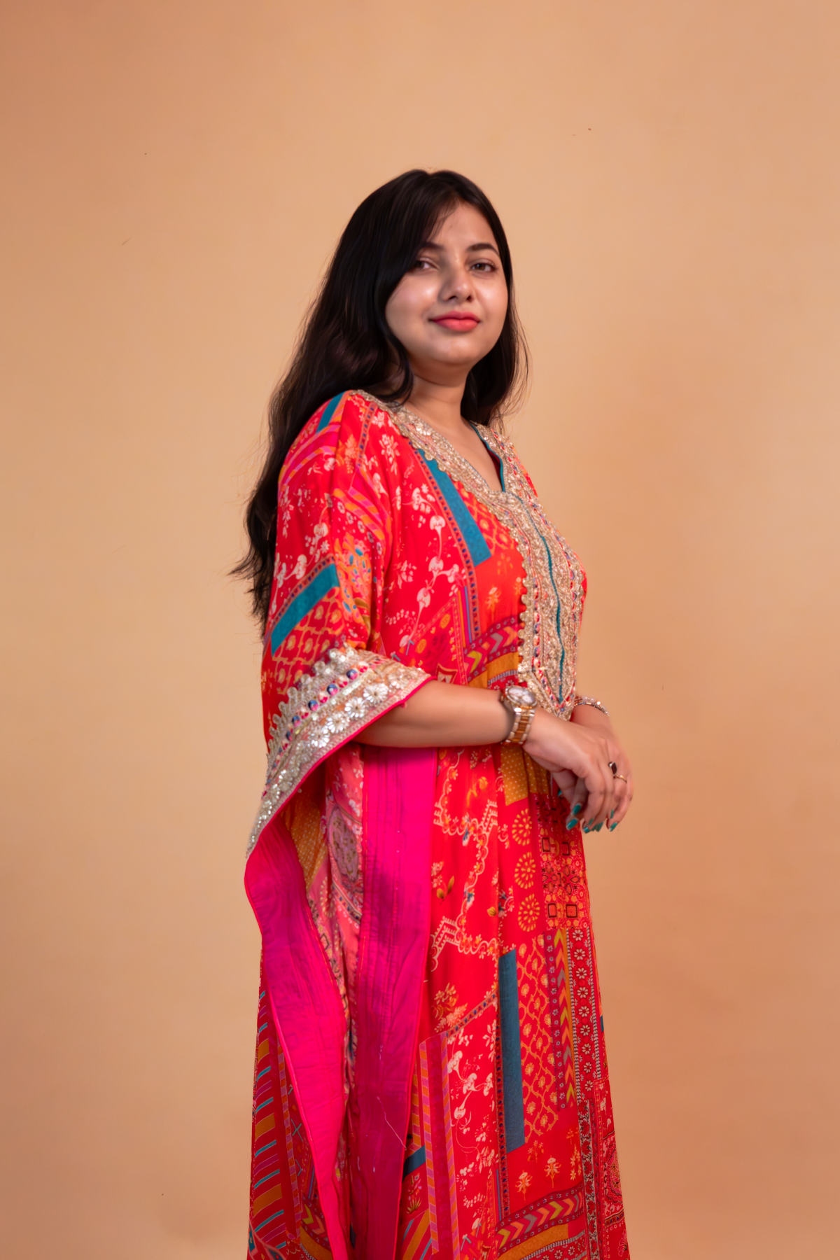 Red/Pink Multicolor Chinnon Kaftan with Dhoti -Set of 2