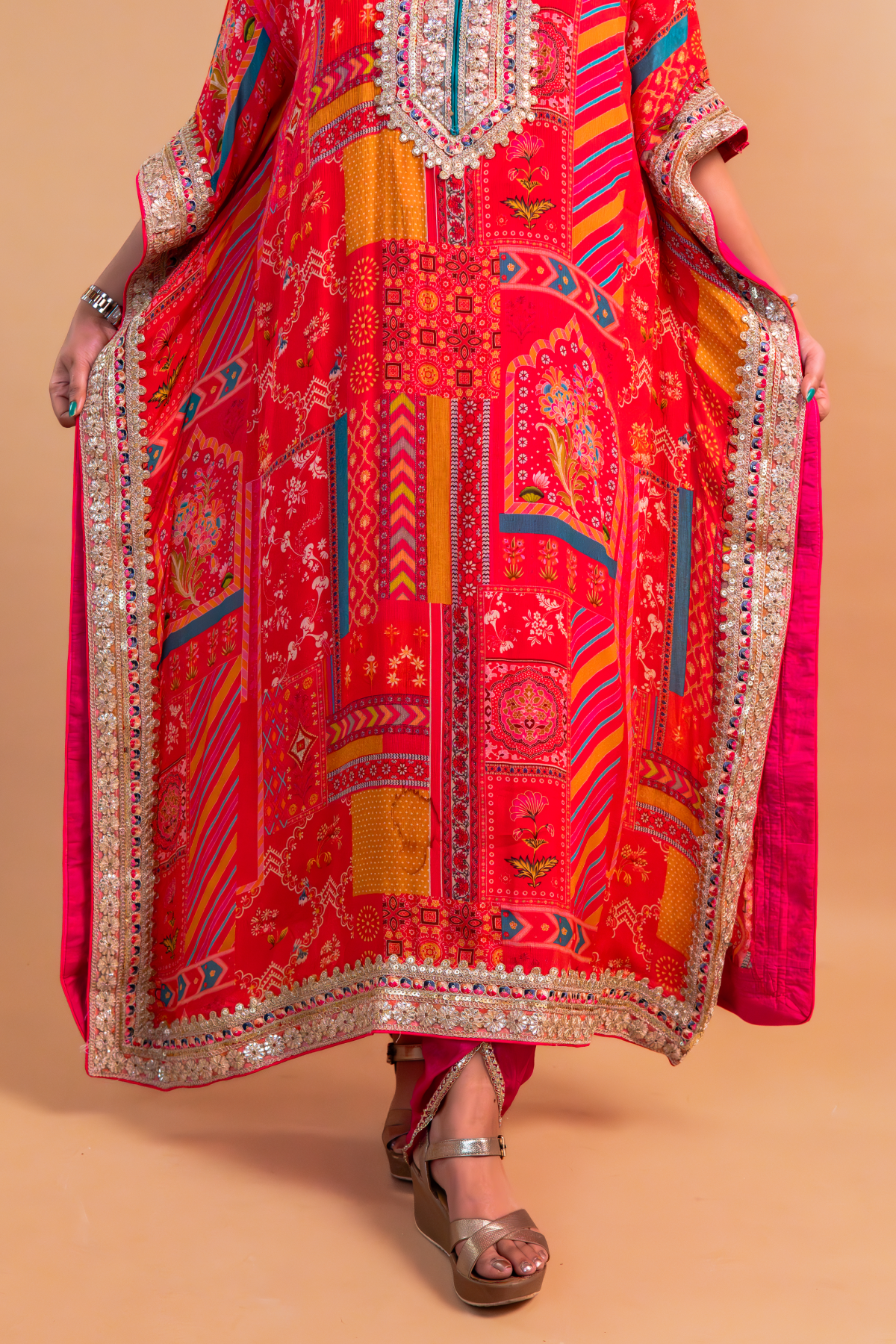 Red/Pink Multicolor Chinnon Kaftan with Dhoti -Set of 2