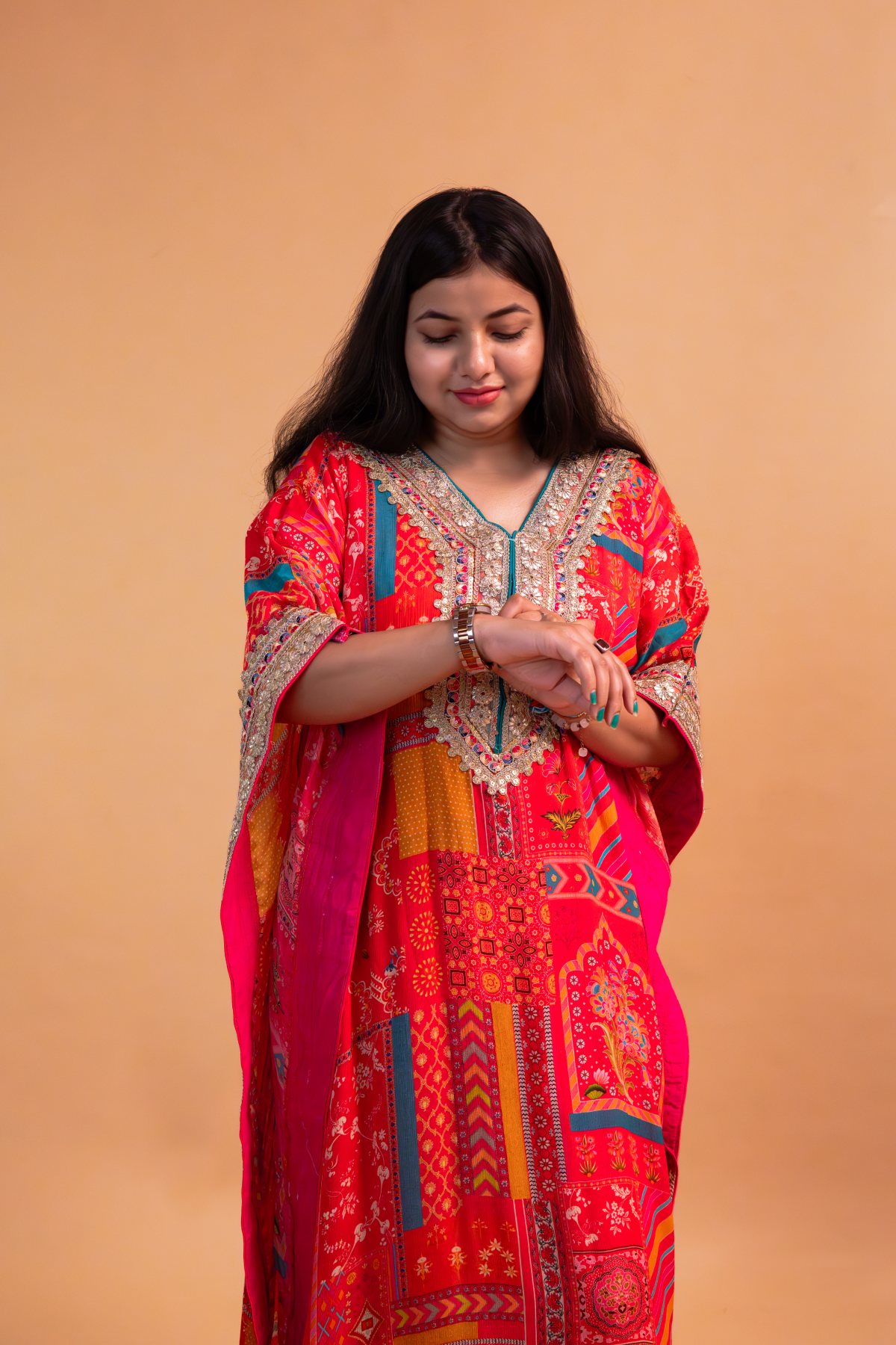 Red/Pink Multicolor Chinnon Kaftan with Dhoti -Set of 2