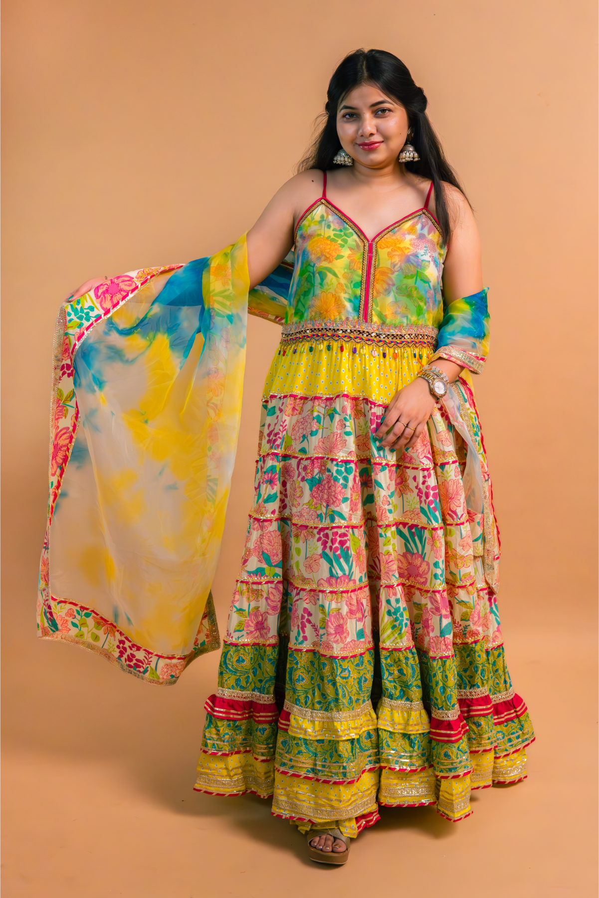 Multicolor Floral Printed Cotton Anarkali Gown with Sharara and Dupatta – Set of 3