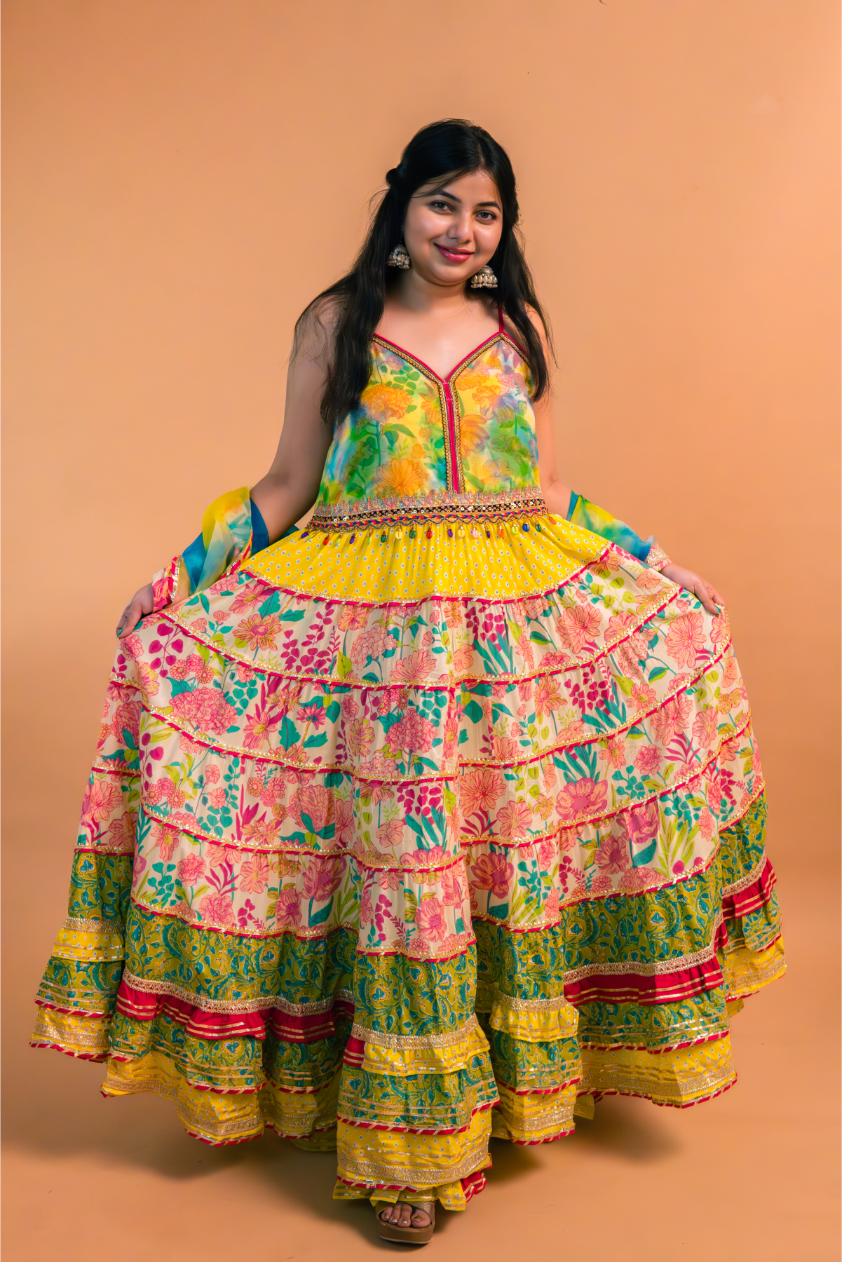 Multicolor Floral Printed Cotton Anarkali Gown with Sharara and Dupatta – Set of 3