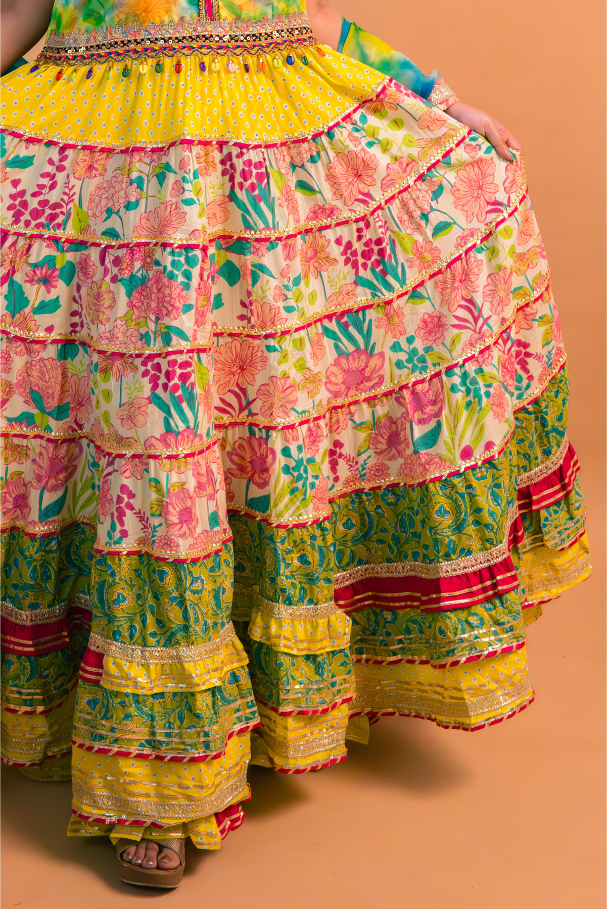 Multicolor Floral Printed Cotton Anarkali Gown with Sharara and Dupatta – Set of 3