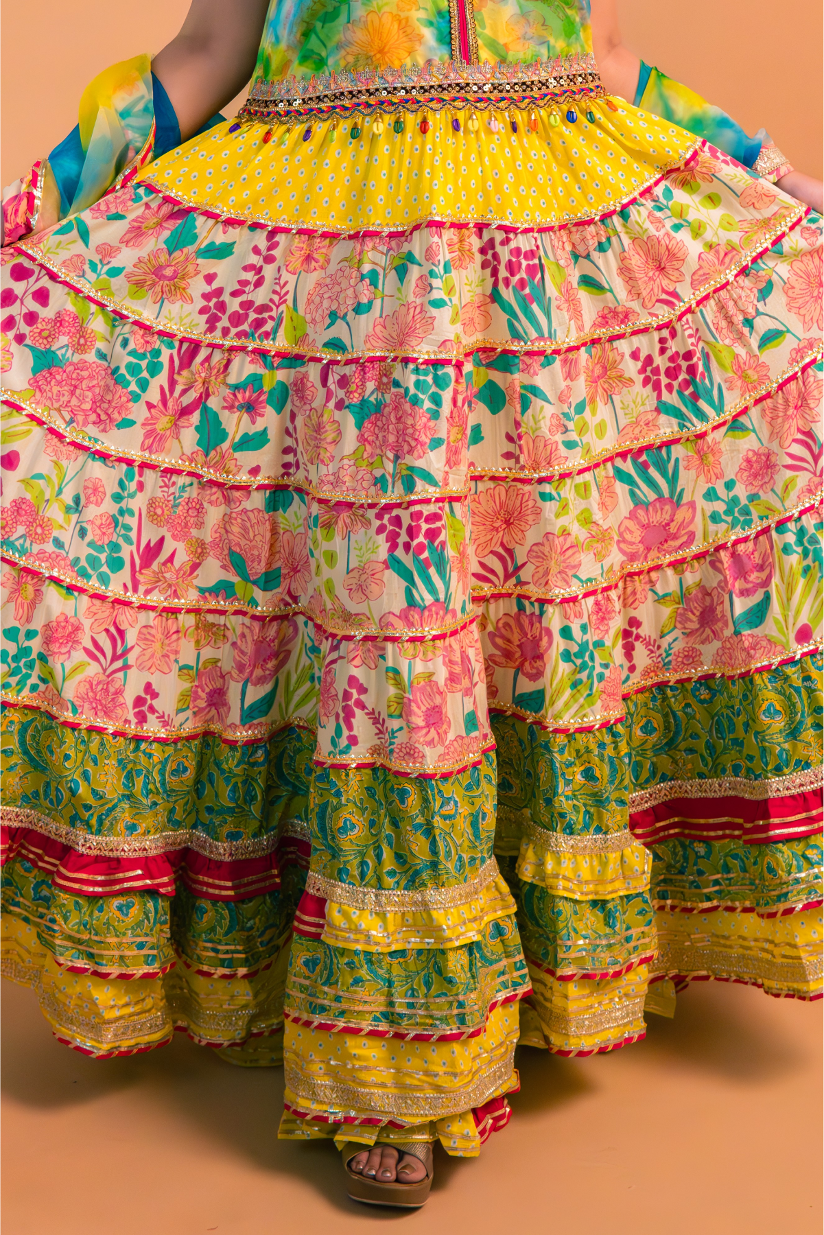 Multicolor Floral Printed Cotton Anarkali Gown with Sharara and Dupatta – Set of 3
