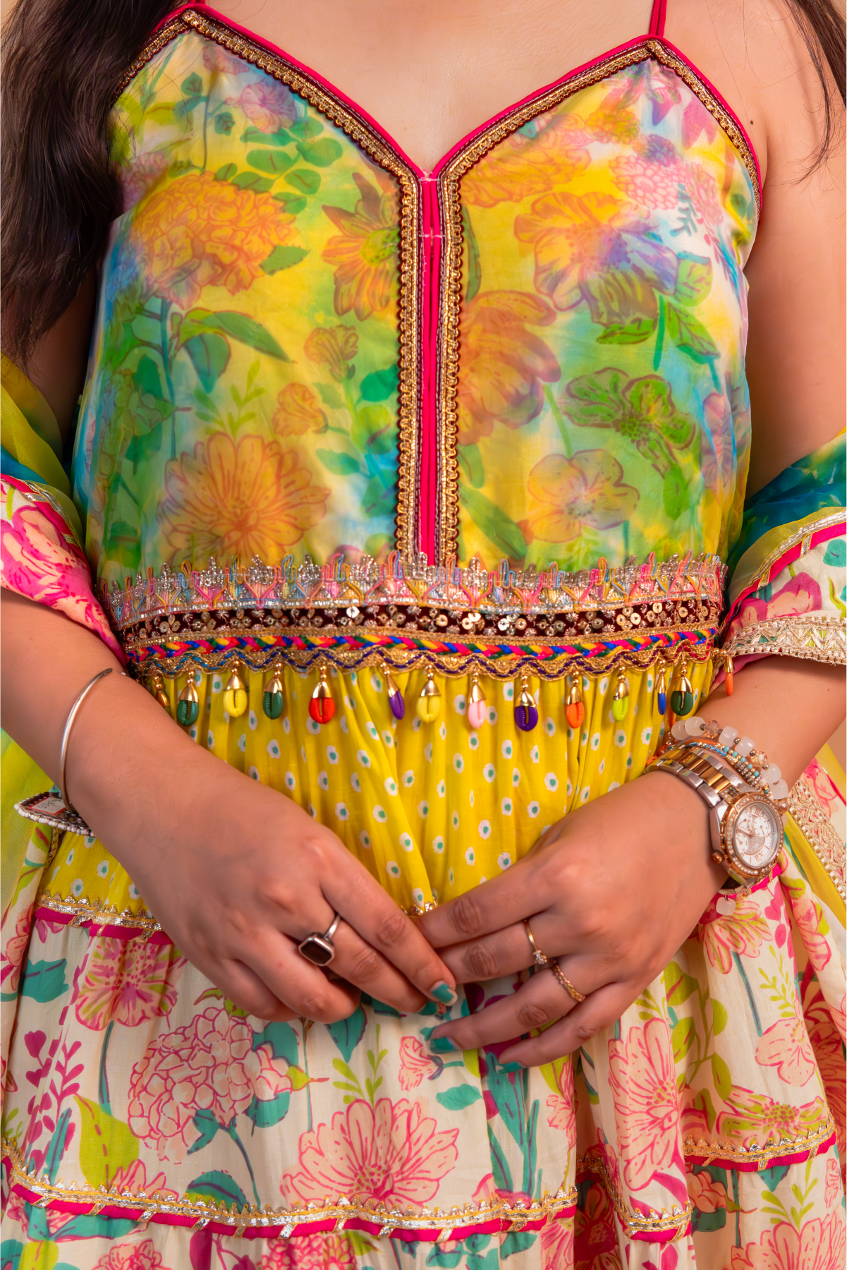 Multicolor Floral Printed Cotton Anarkali Gown with Sharara and Dupatta – Set of 3