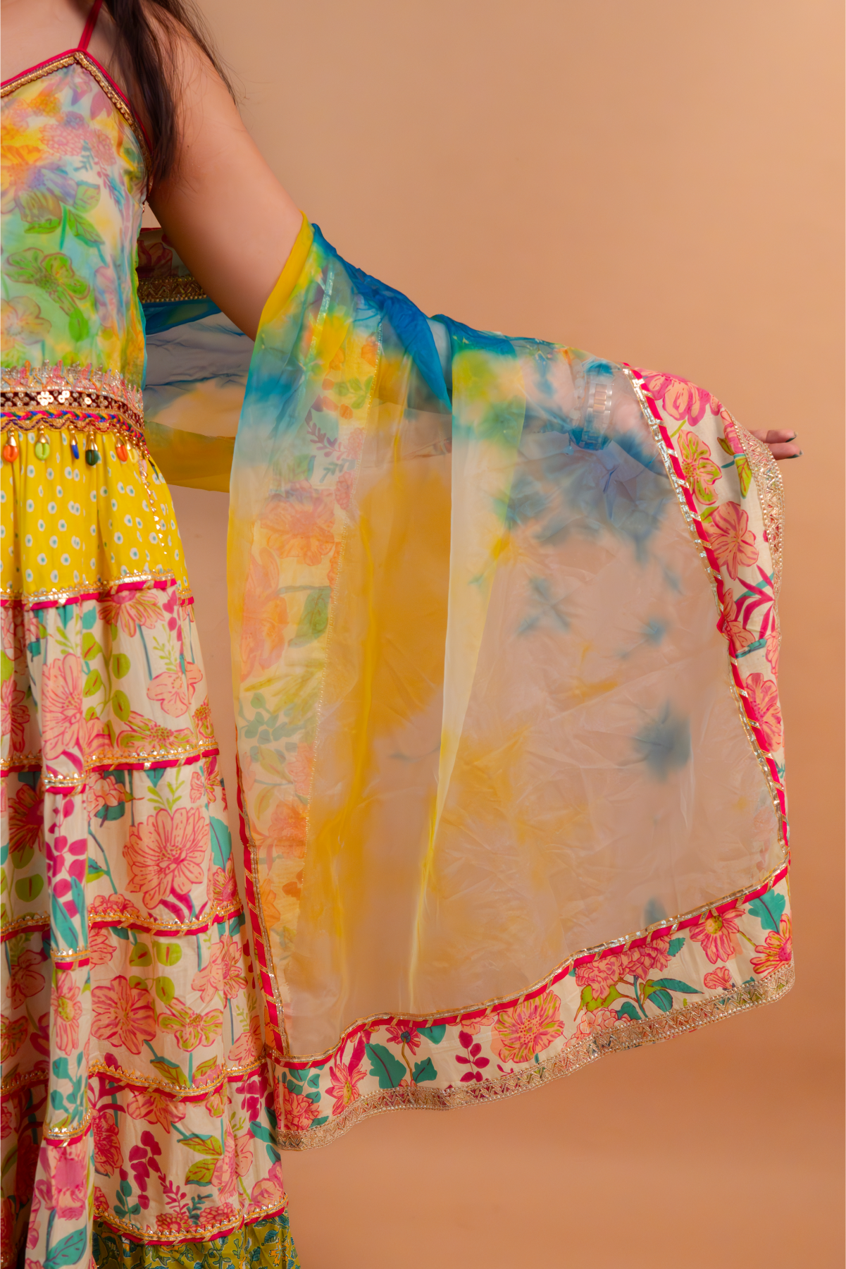 Multicolor Floral Printed Cotton Anarkali Gown with Sharara and Dupatta – Set of 3