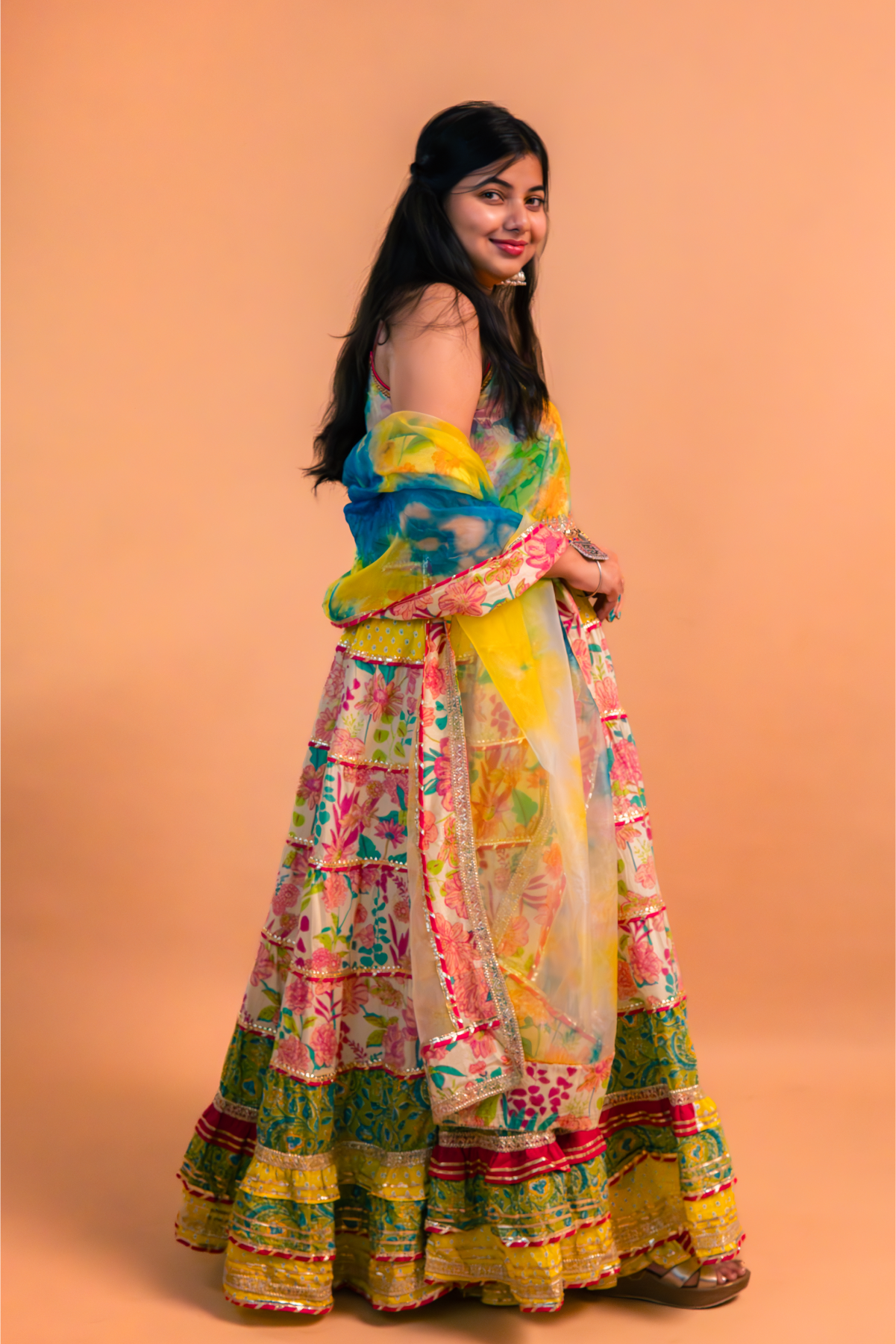 Multicolor Floral Printed Cotton Anarkali Gown with Sharara and Dupatta – Set of 3