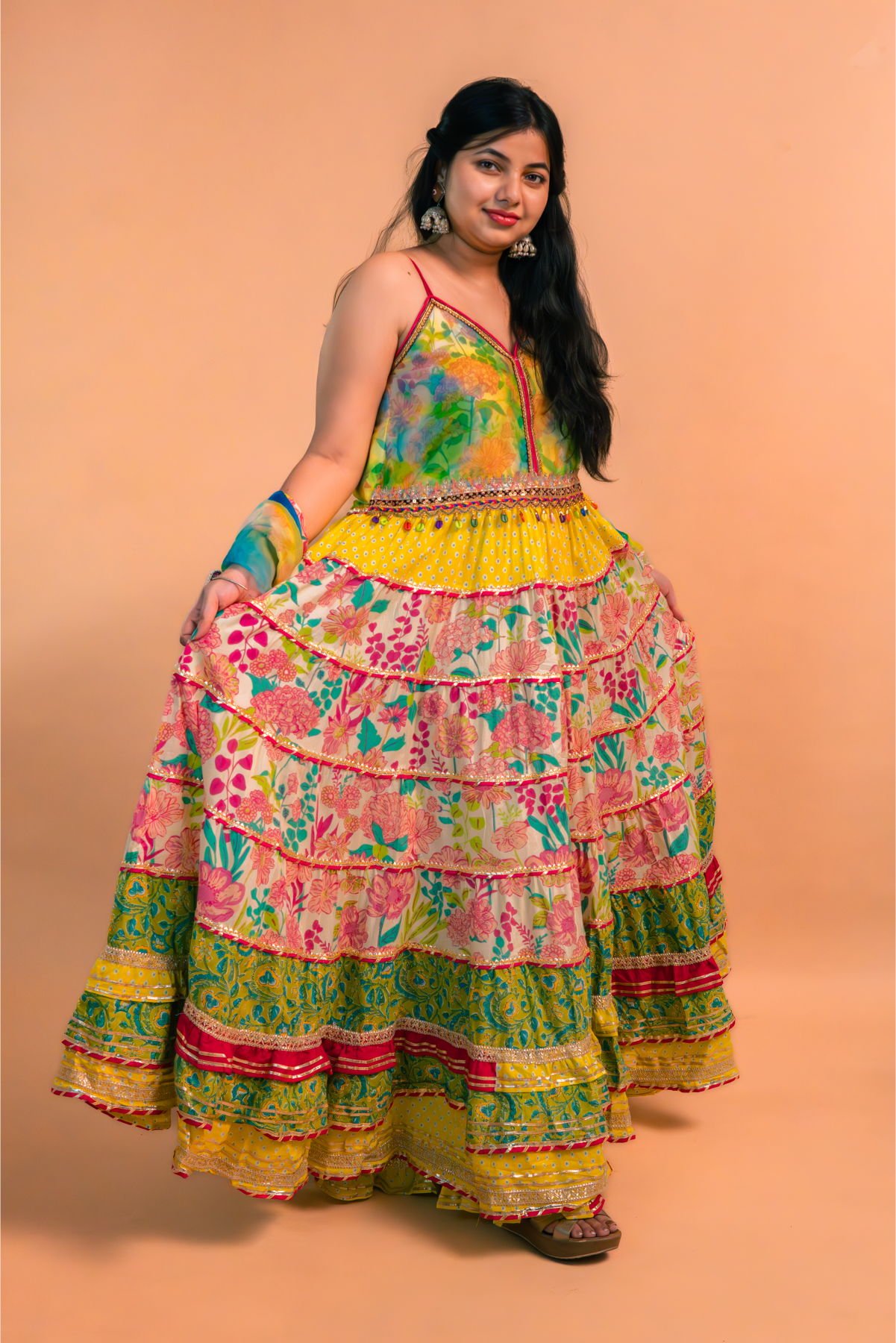 Multicolor Floral Printed Cotton Anarkali Gown with Sharara and Dupatta – Set of 3