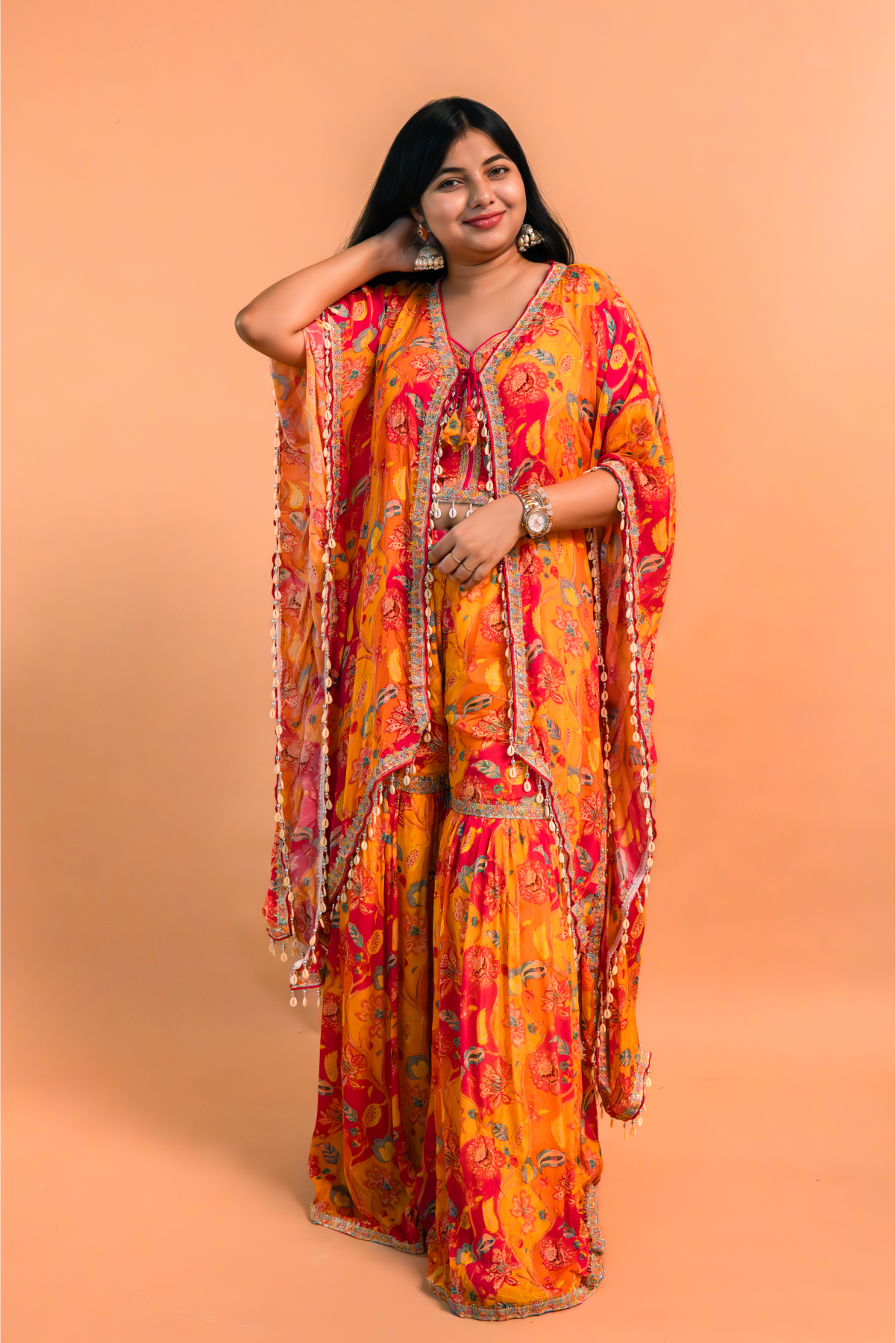 Orange Crape Crop Top with Cape & Sharara-Set of 3