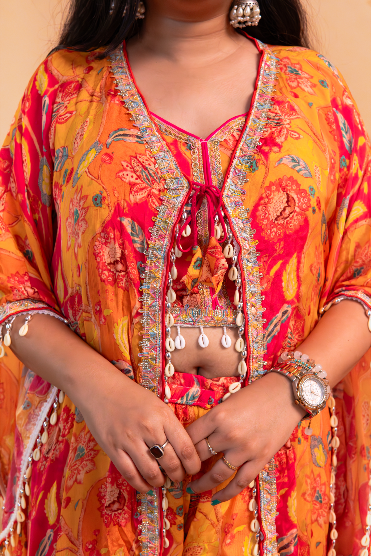 Orange Crape Crop Top with Cape & Sharara-Set of 3