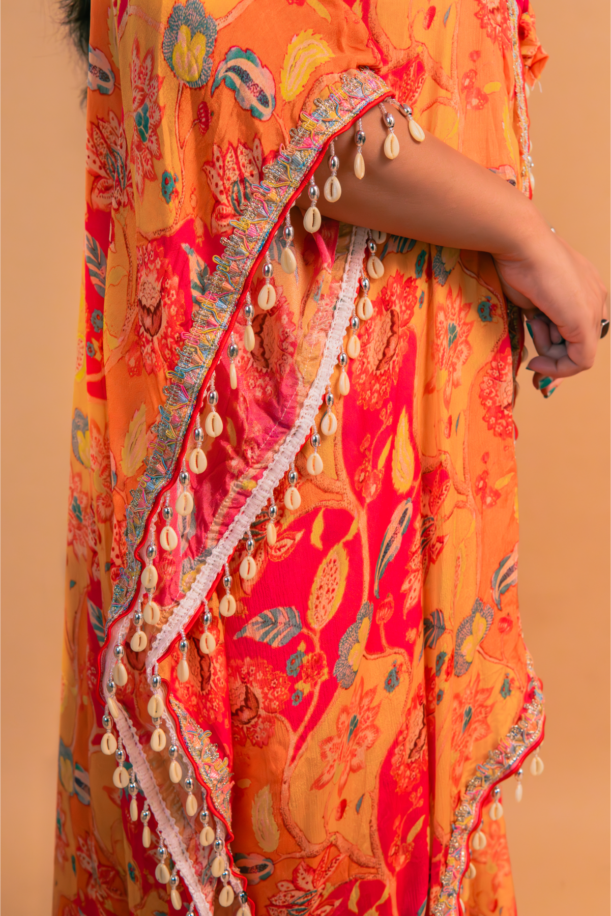 Orange Crape Crop Top with Cape & Sharara-Set of 3