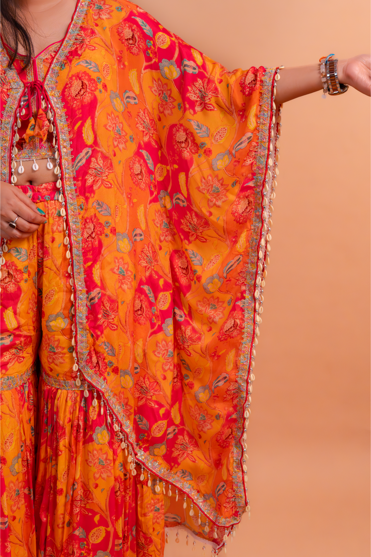 Orange Crape Crop Top with Cape & Sharara-Set of 3