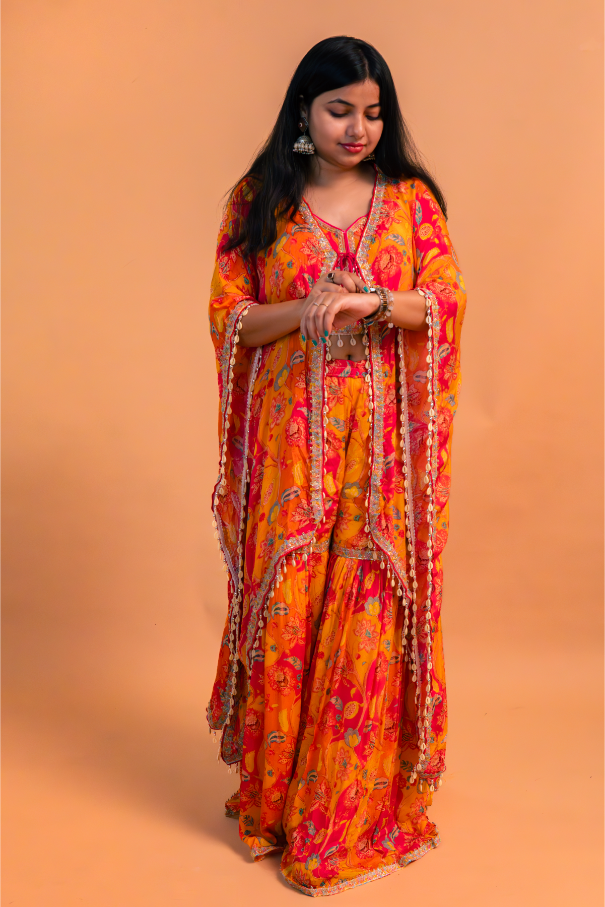 Orange Crape Crop Top with Cape & Sharara-Set of 3
