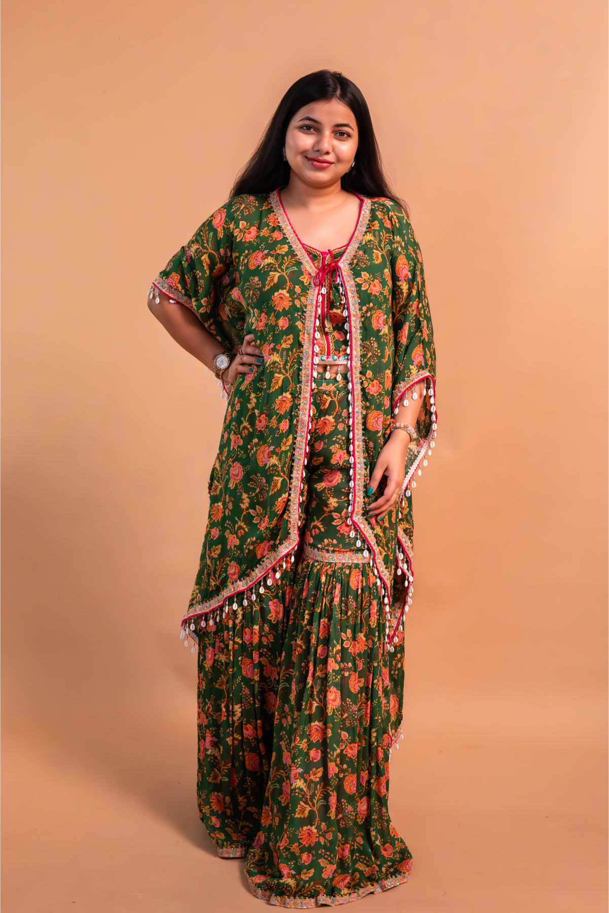 Green Crepe Crop Top with Cape & Sharara-Set of 3