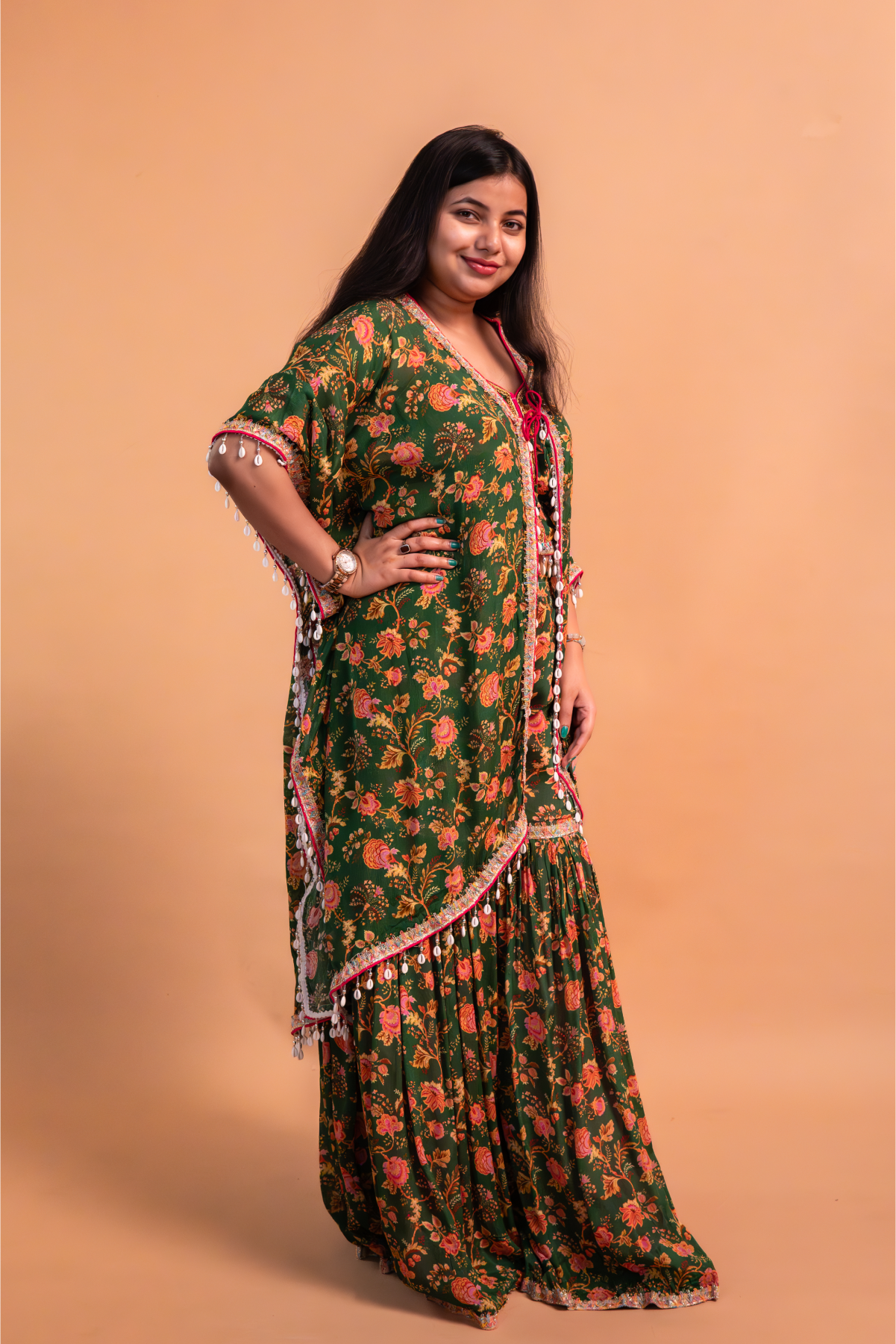 Green Crepe Crop Top with Cape & Sharara-Set of 3