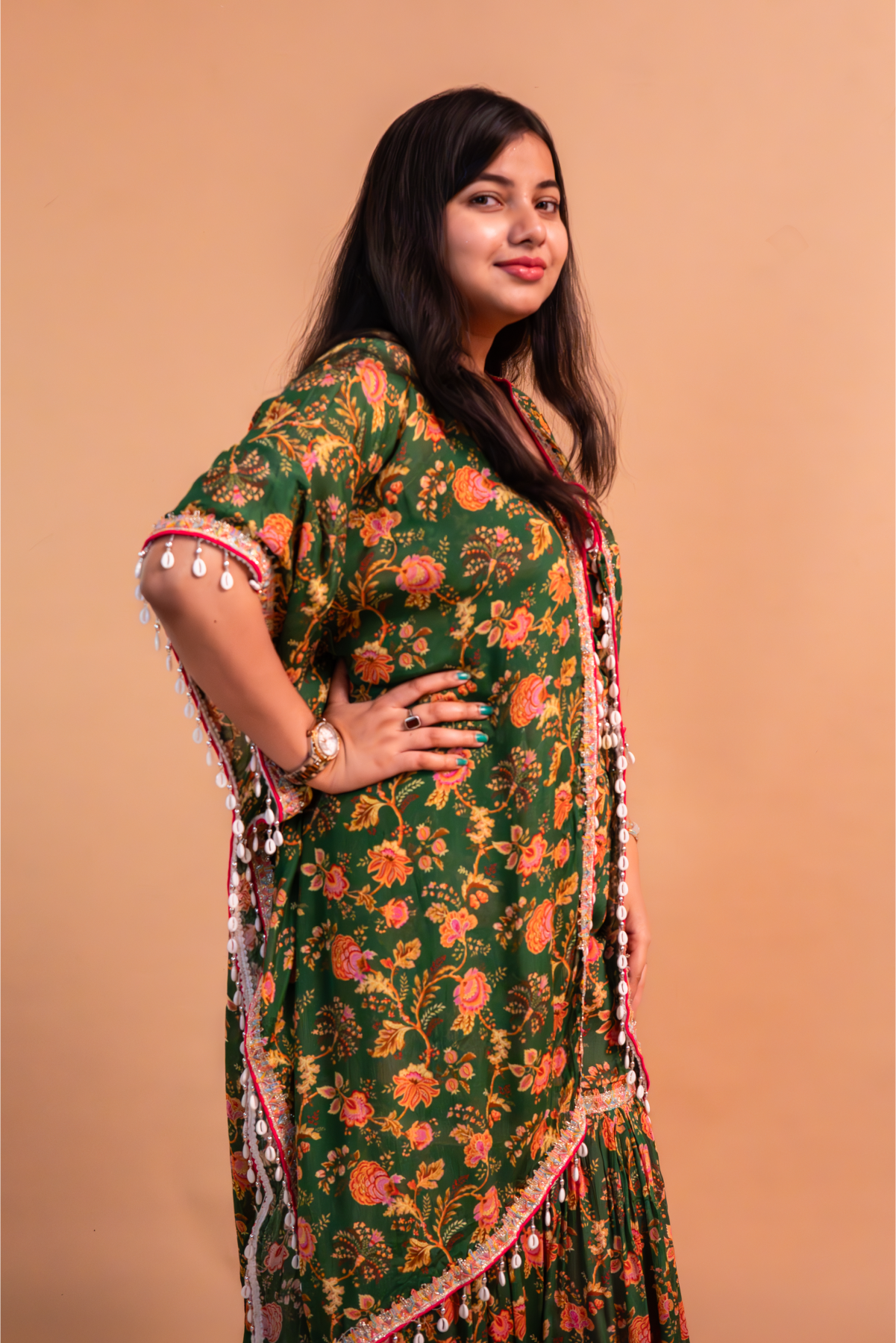 Green Crepe Crop Top with Cape & Sharara-Set of 3