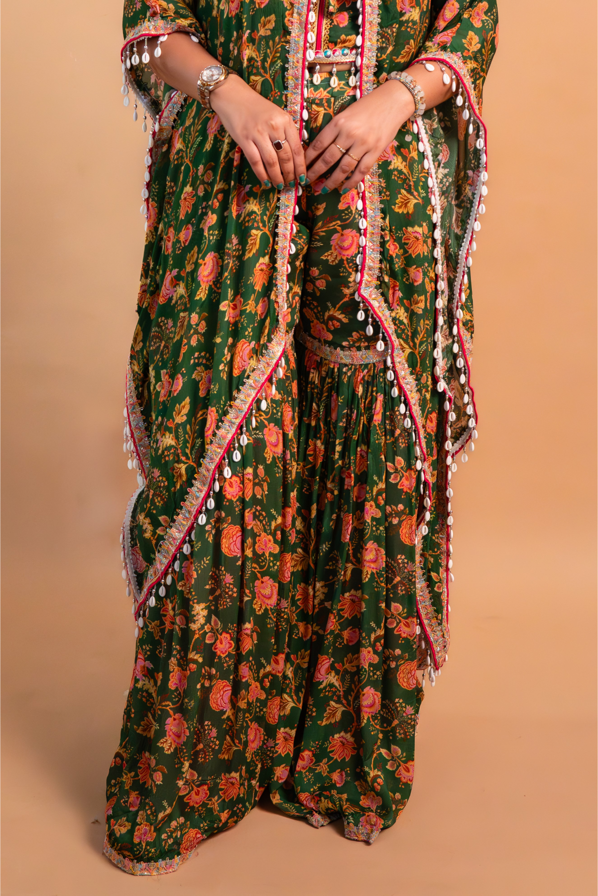 Green Crepe Crop Top with Cape & Sharara-Set of 3