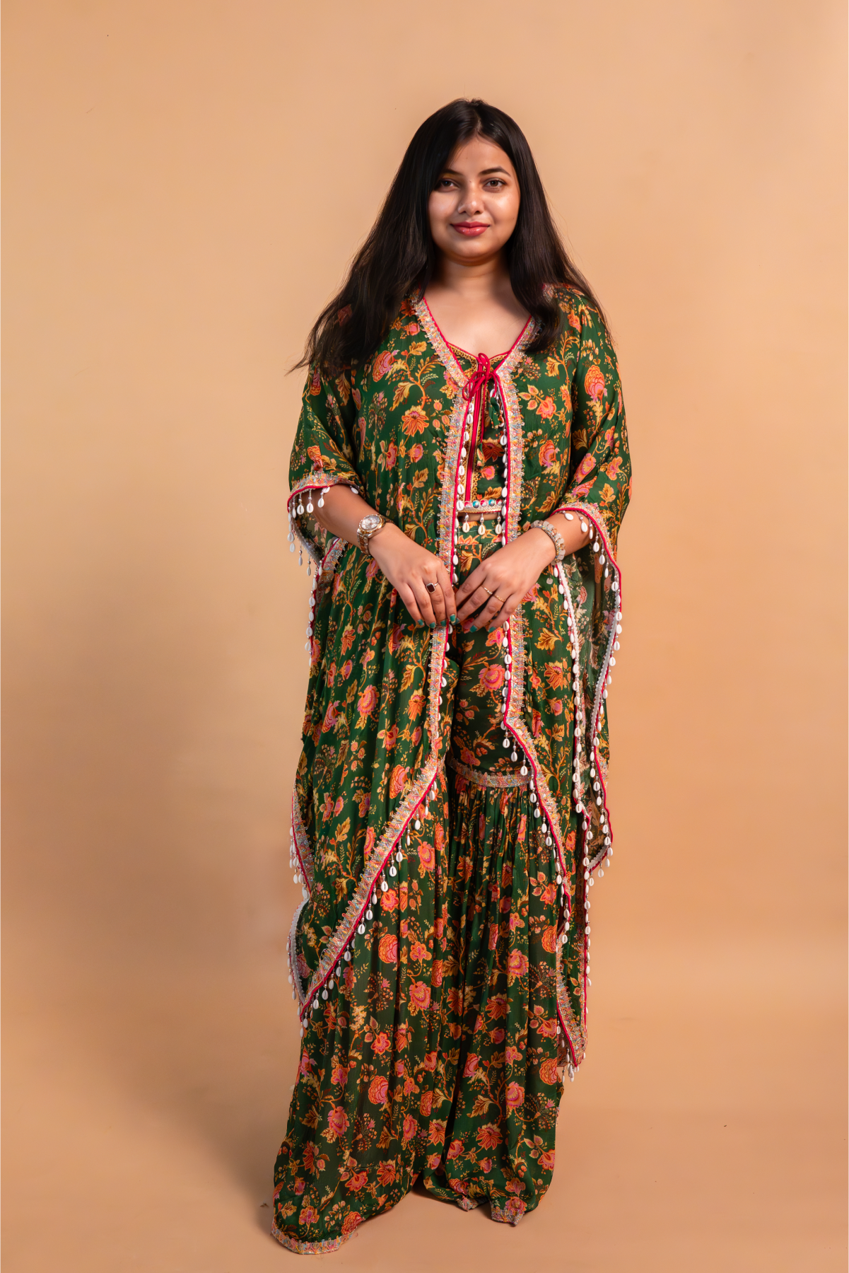 Green Crepe Crop Top with Cape & Sharara-Set of 3