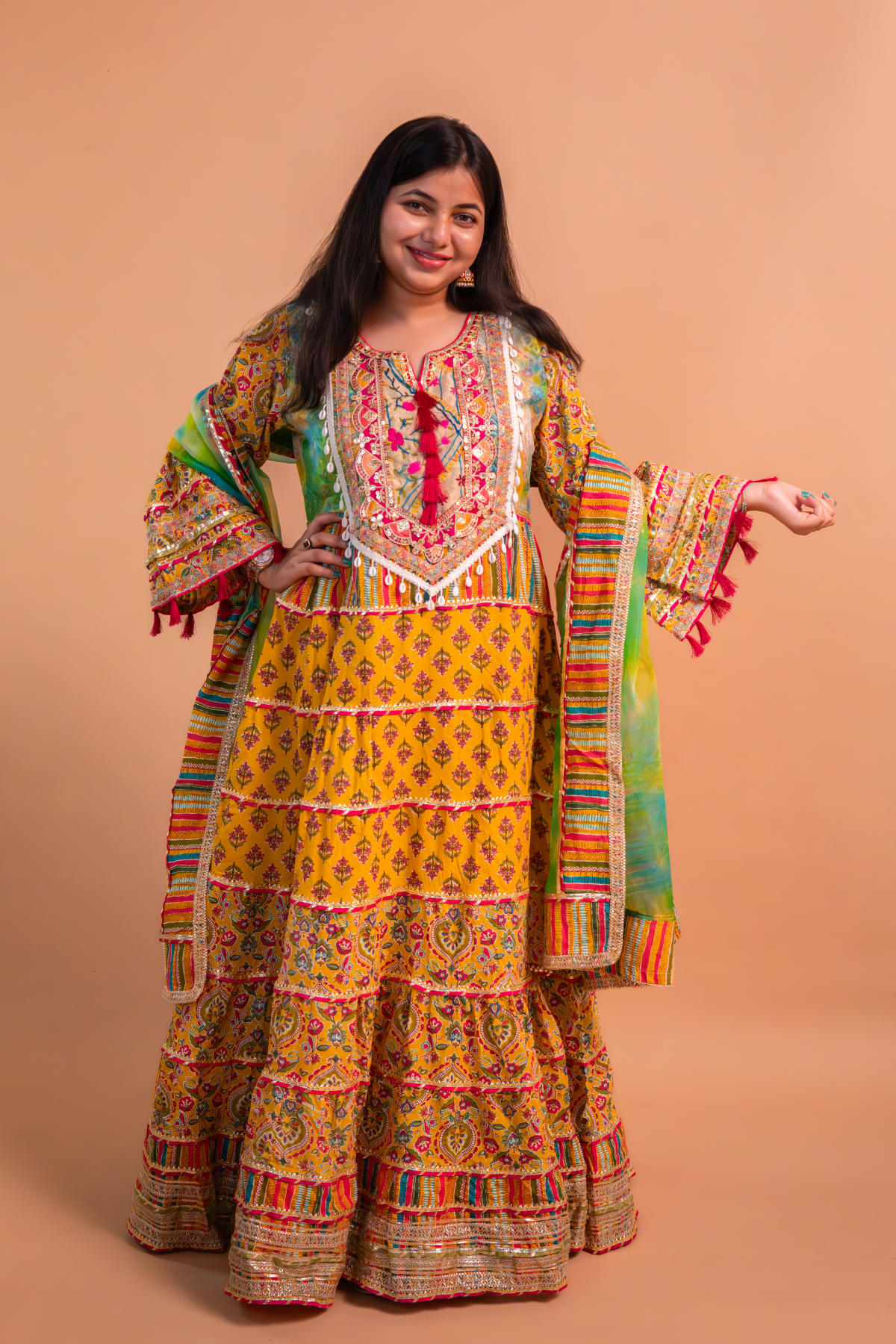 Yellow Cotton Print Anarkali Gown with Multicolor Organza Dupatta-Set of 2