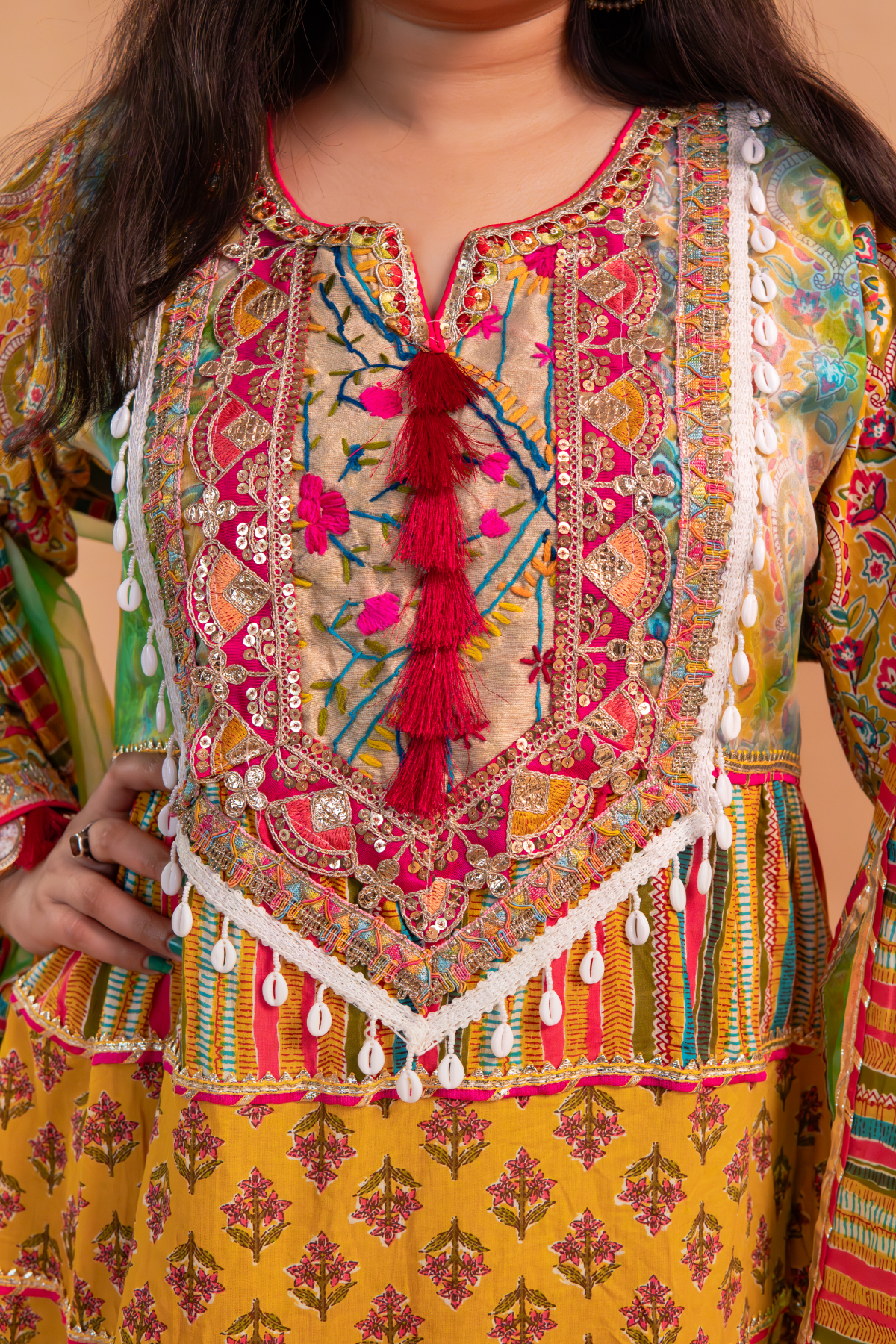 Yellow Cotton Print Anarkali Gown with Multicolor Organza Dupatta-Set of 2