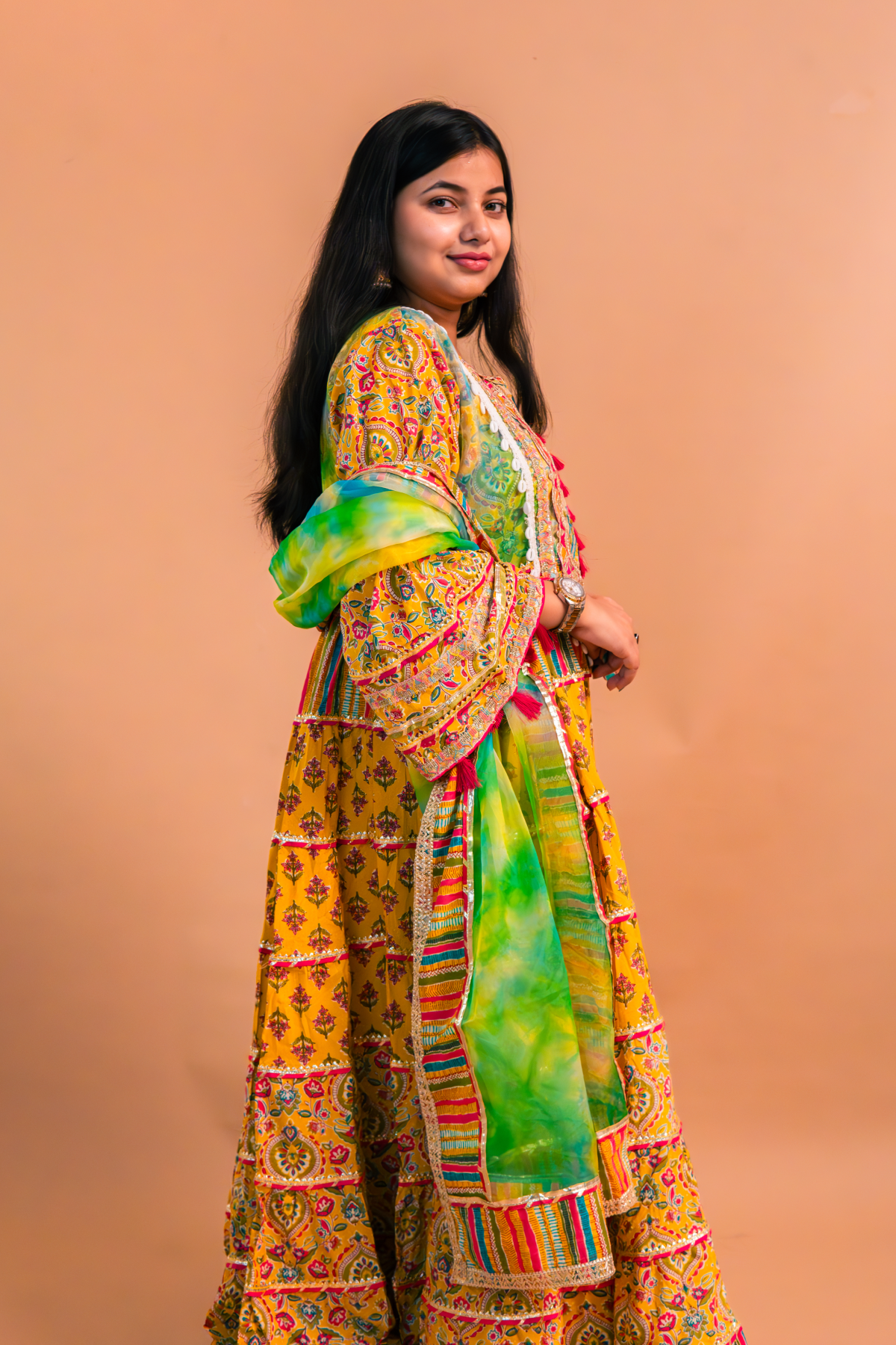 Yellow Cotton Print Anarkali Gown with Multicolor Organza Dupatta-Set of 2