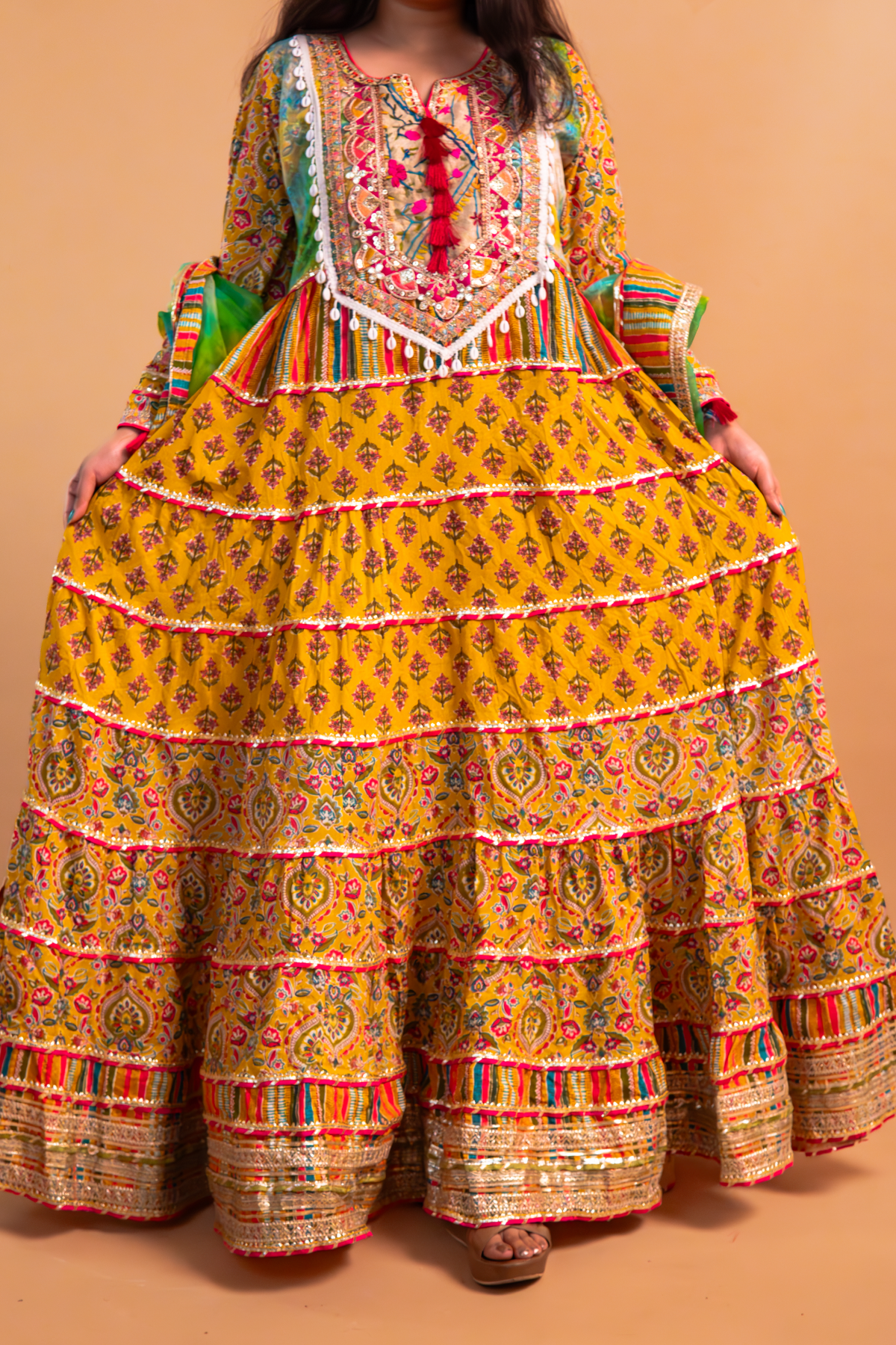 Yellow Cotton Print Anarkali Gown with Multicolor Organza Dupatta-Set of 2
