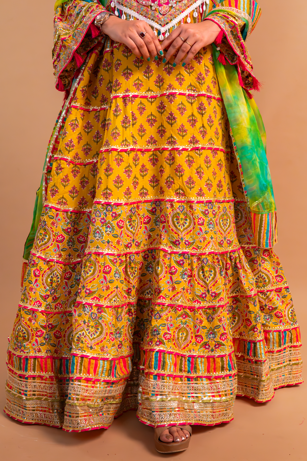 Yellow Cotton Print Anarkali Gown with Multicolor Organza Dupatta-Set of 2
