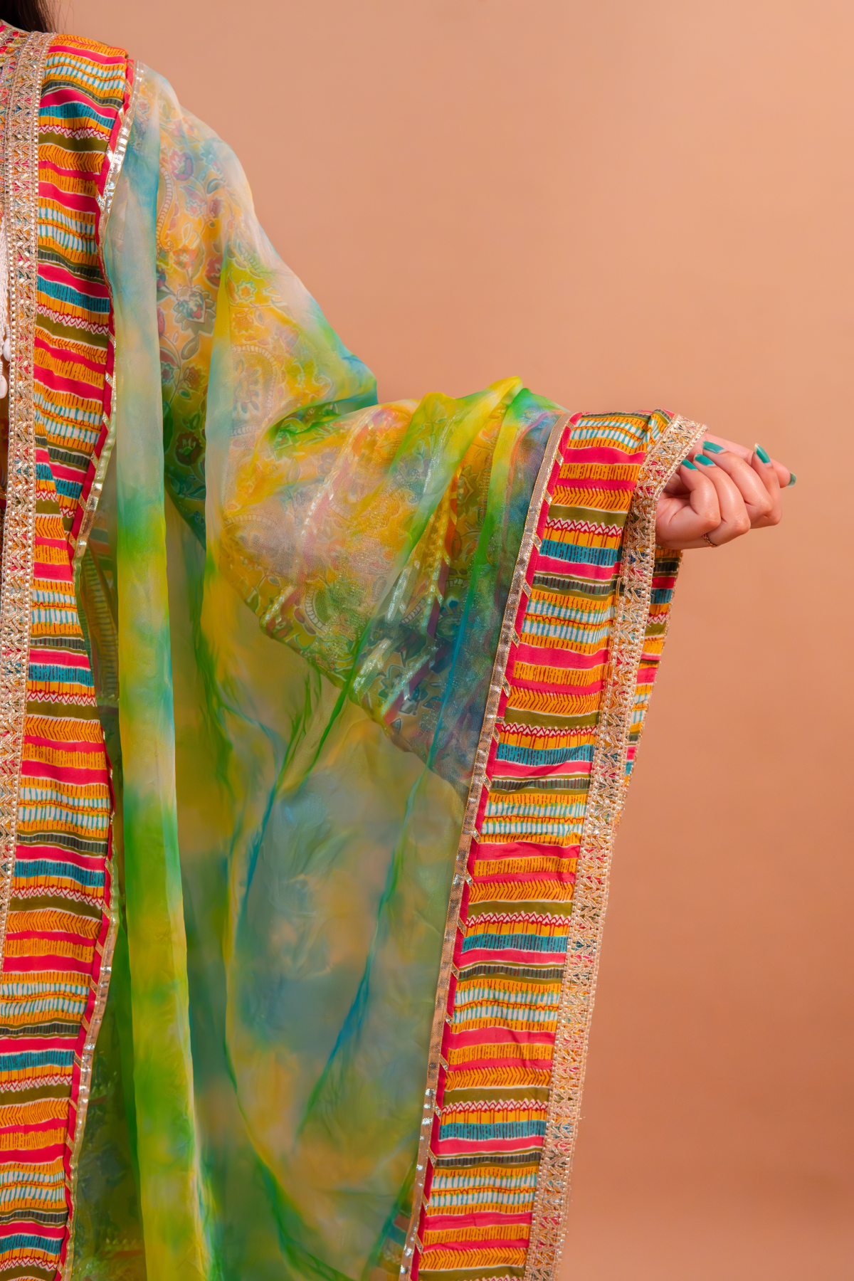 Yellow Cotton Print Anarkali Gown with Multicolor Organza Dupatta-Set of 2
