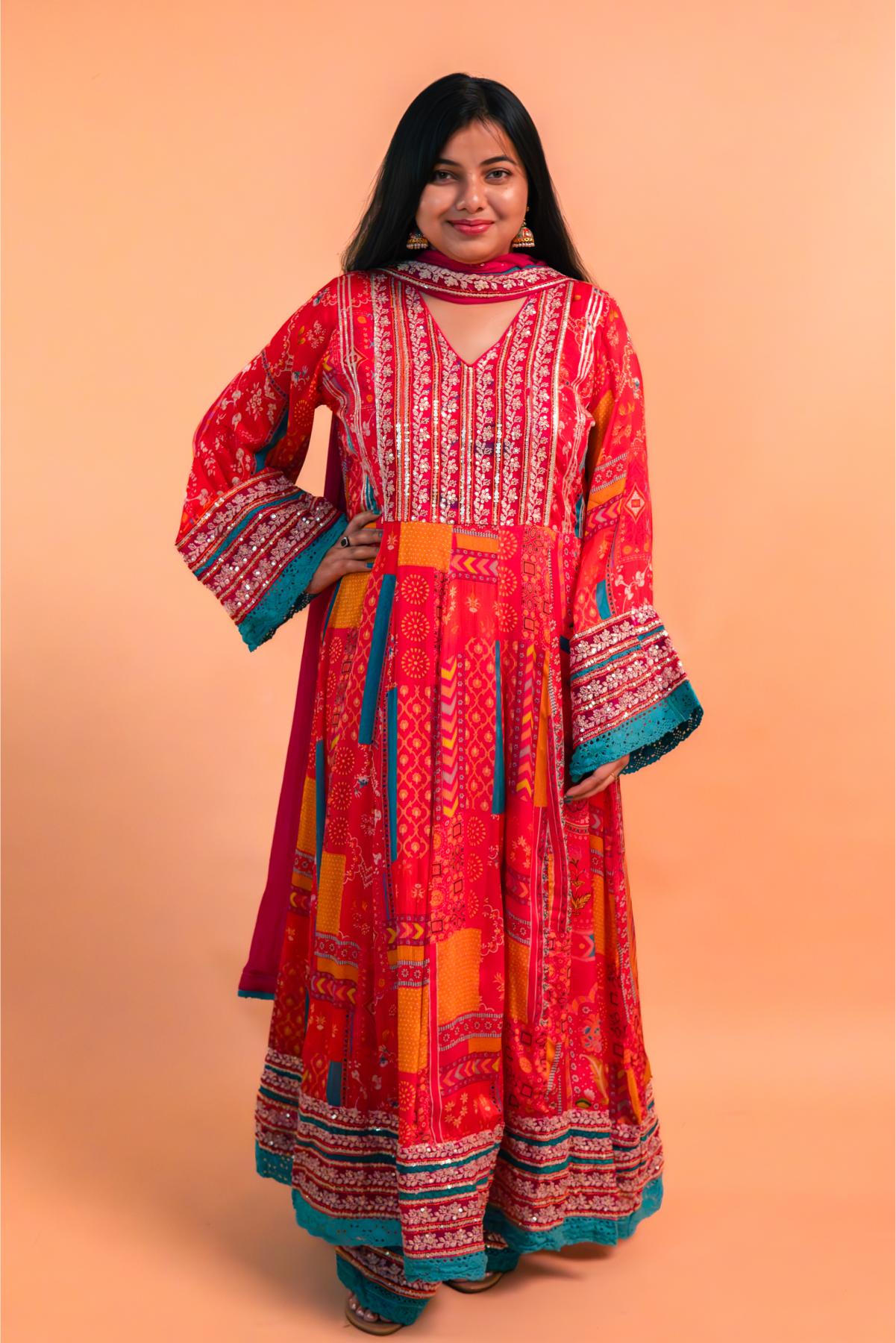 Red/Pink Multicolor Chinnon Suit - Set of 3