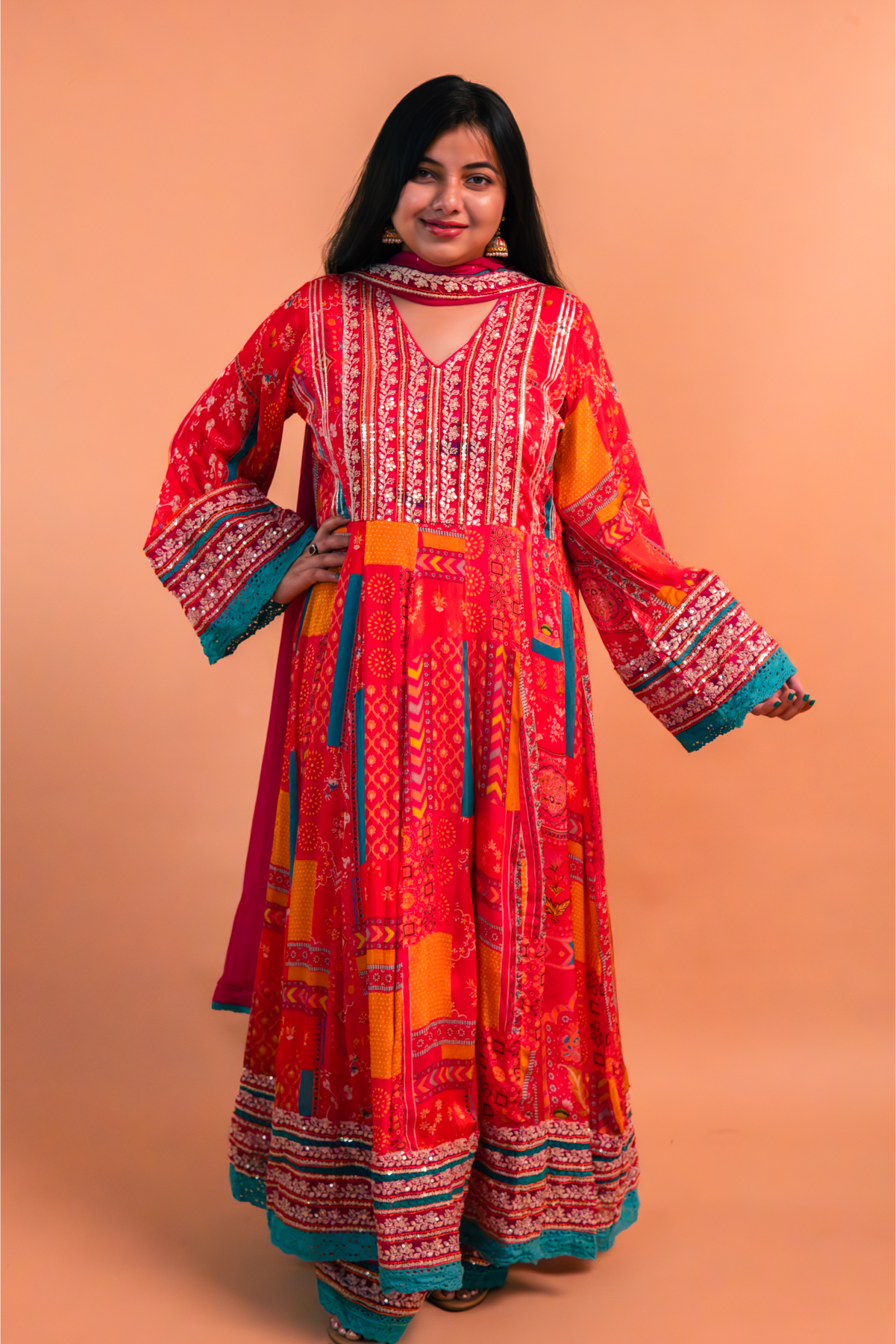 Red/Pink Multicolor Chinnon Suit - Set of 3