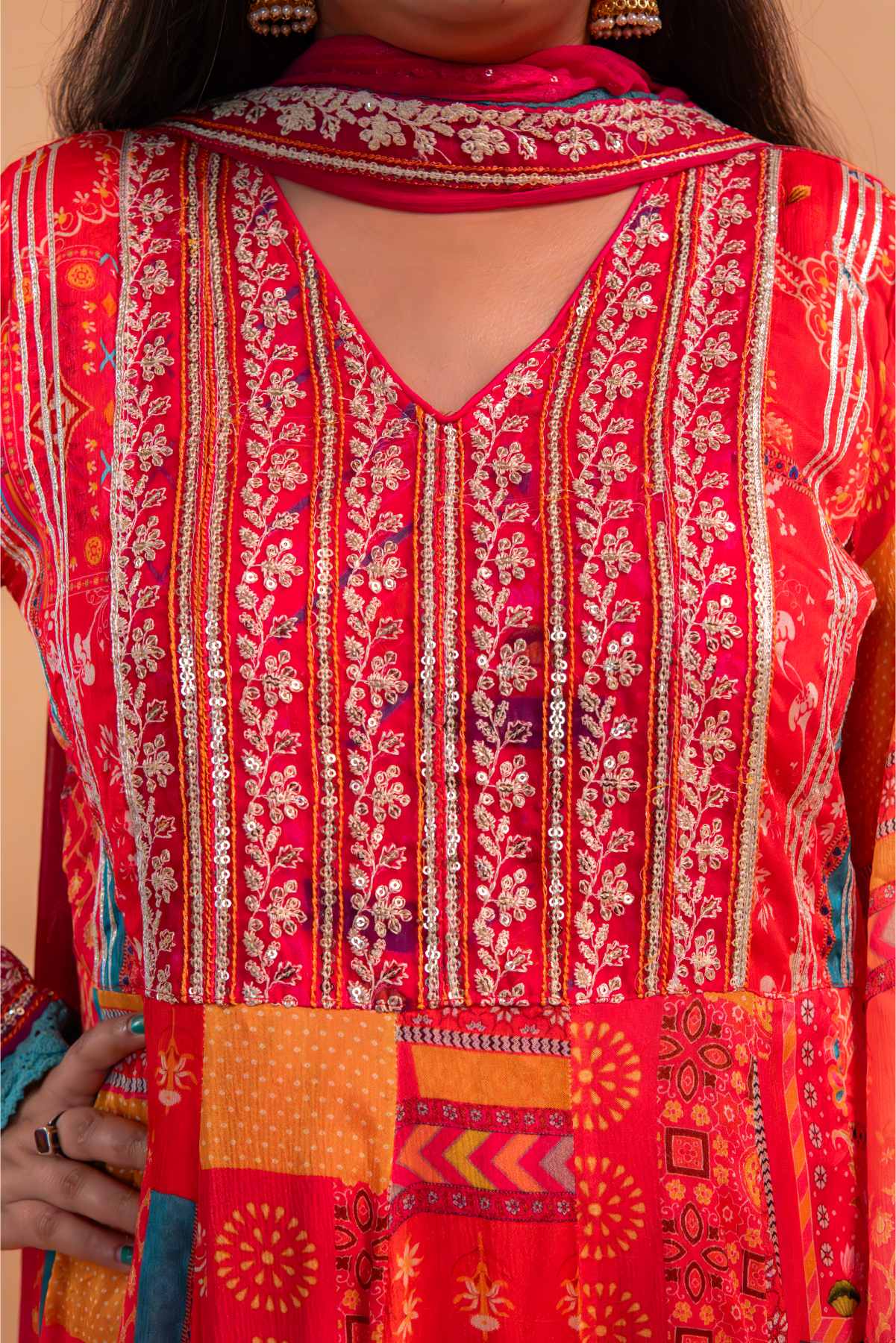 Red/Pink Multicolor Chinnon Suit - Set of 3