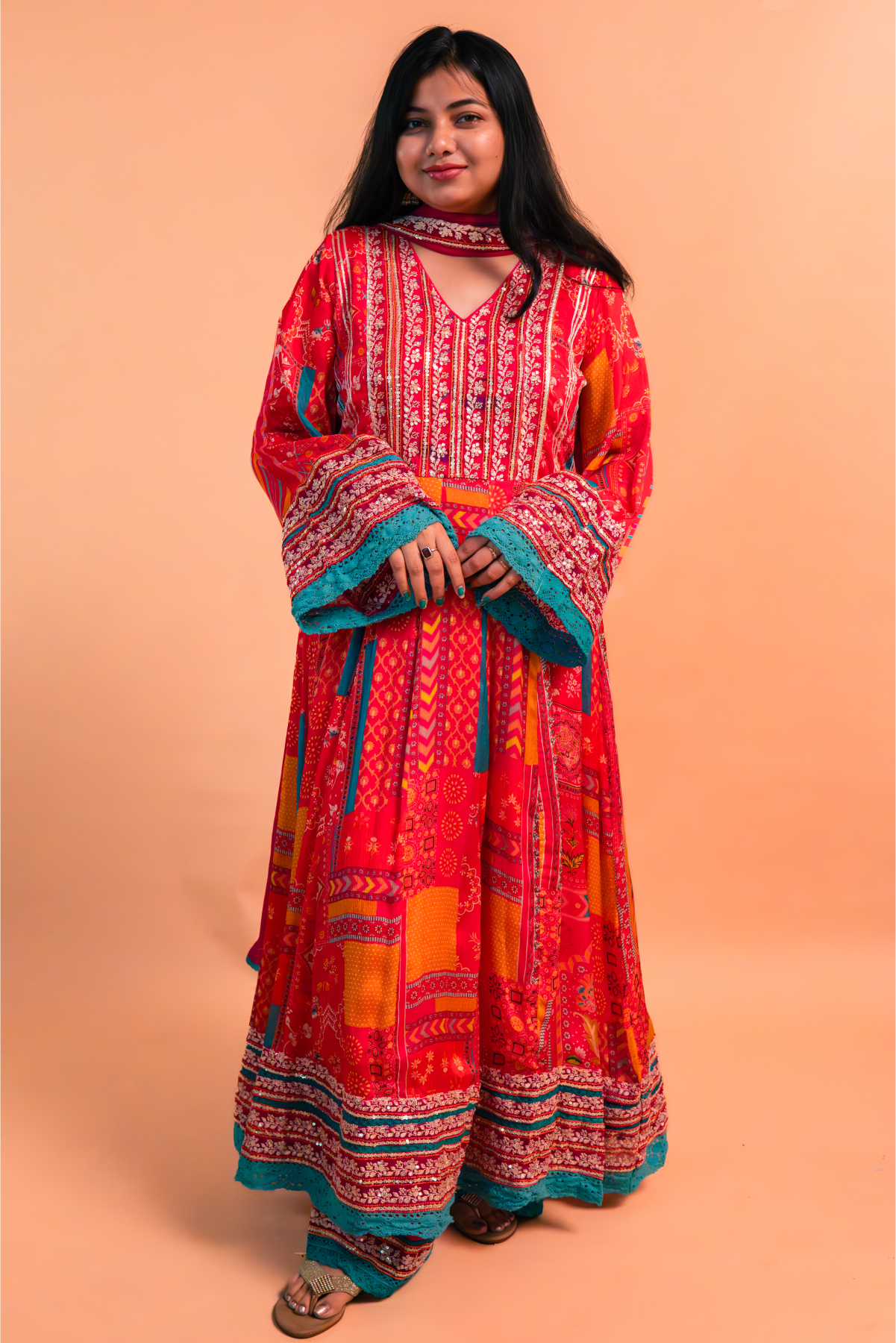 Red/Pink Multicolor Chinnon Suit - Set of 3