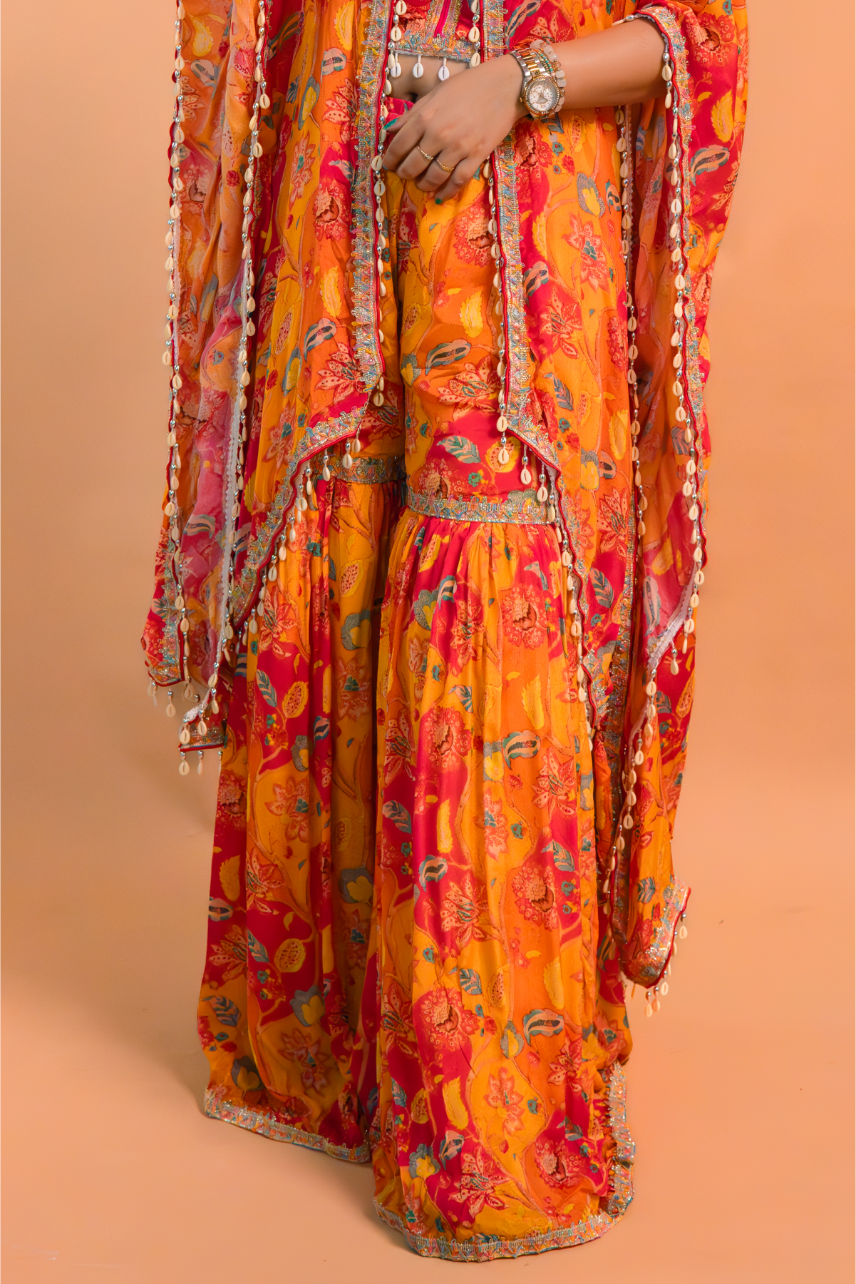 Orange Crape Crop Top with Cape & Sharara-Set of 3