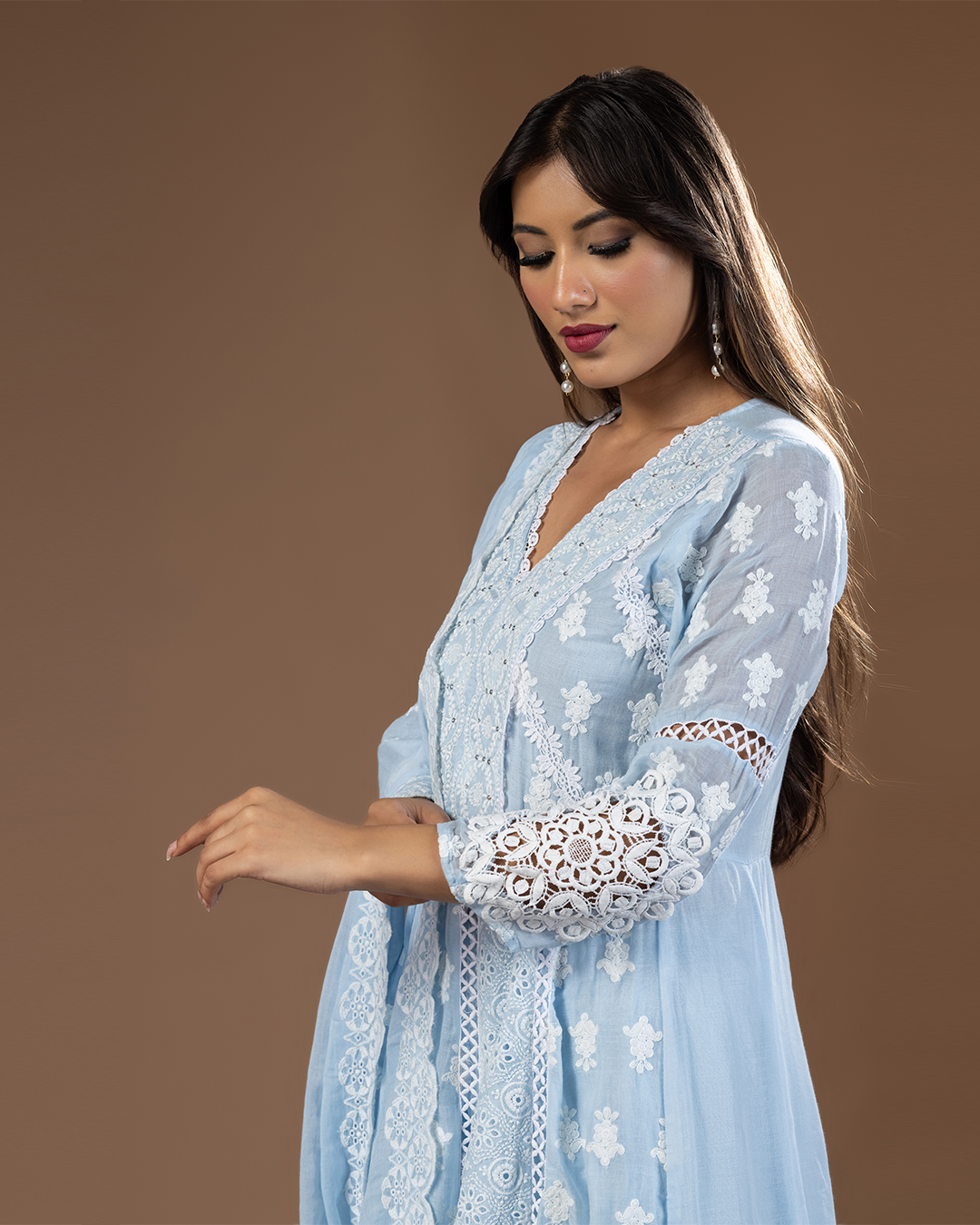Powder Blue Mul Cotton Anarkali Suit - Set of 3