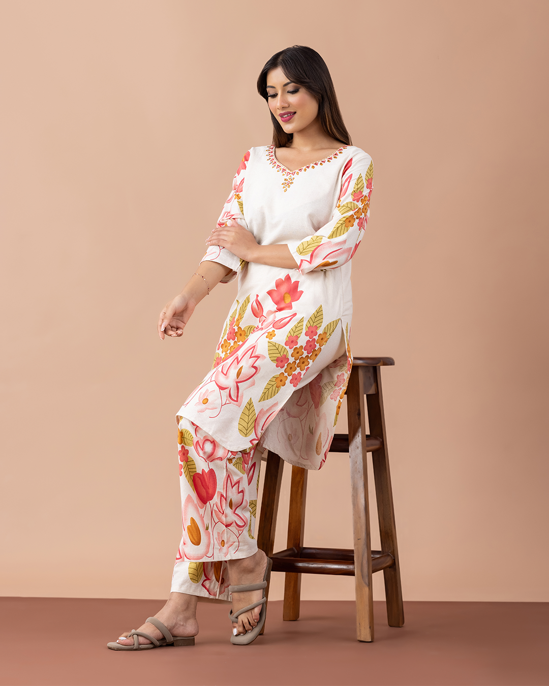 Off White with Floral Printed Suit