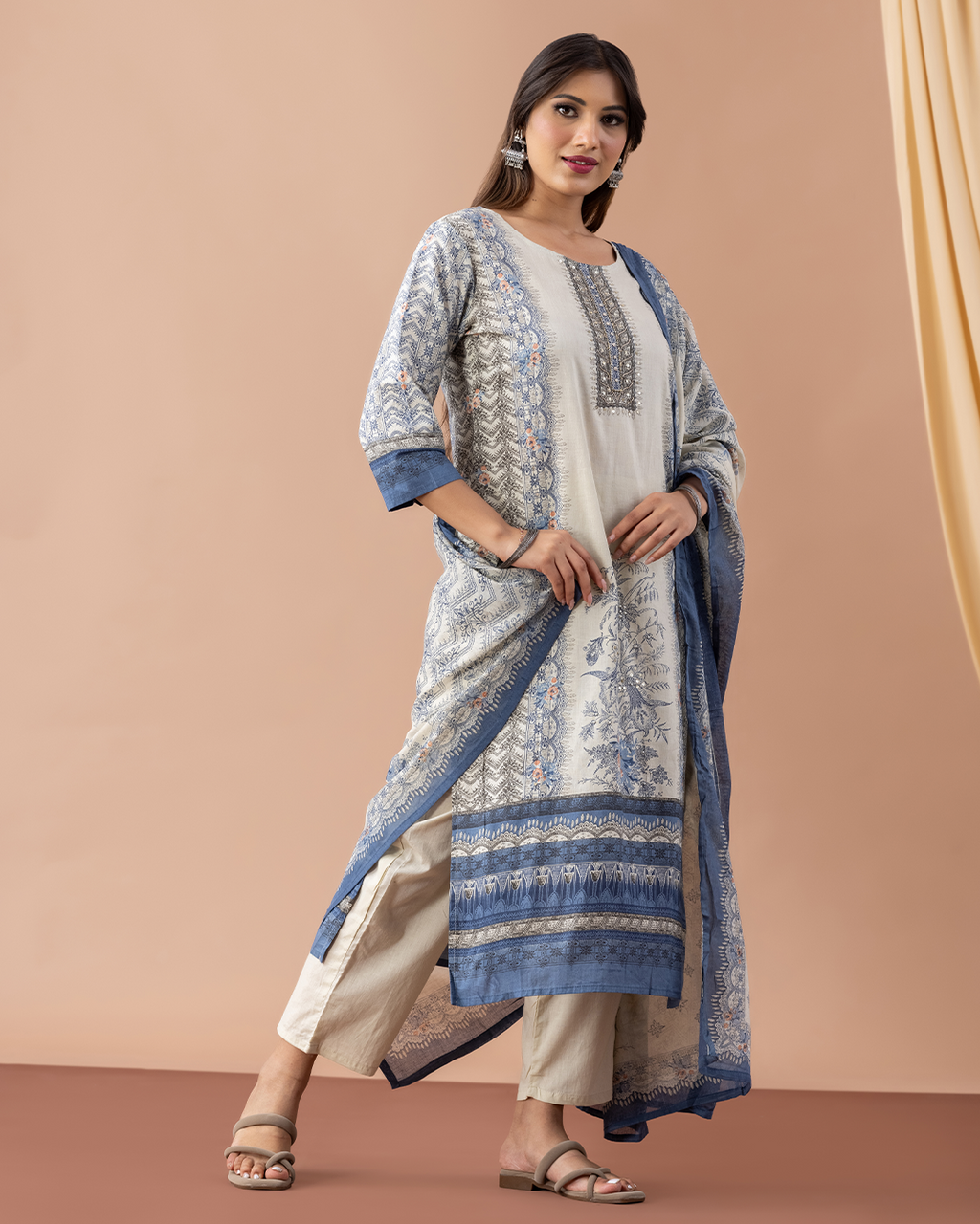 Muslin Printed Kurta with Pant & Printed Dupatta