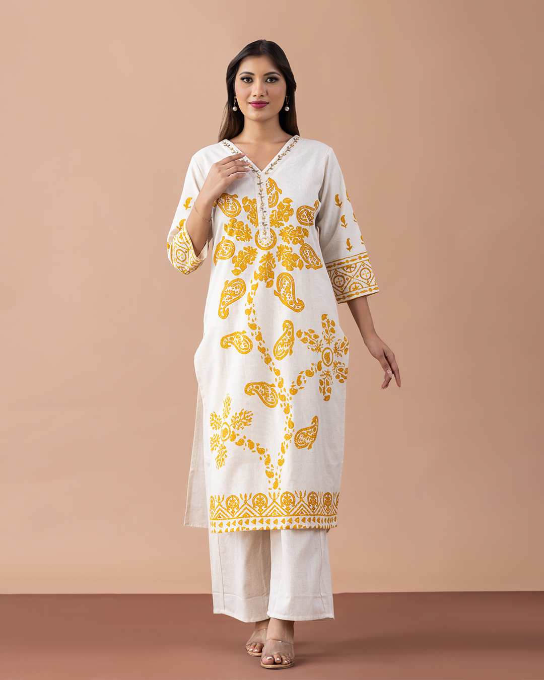 Off-White and Yellow Printed Kurta with Sequins Work