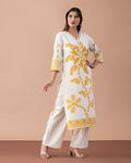 Off-White and Yellow Printed Kurta with Sequins Work
