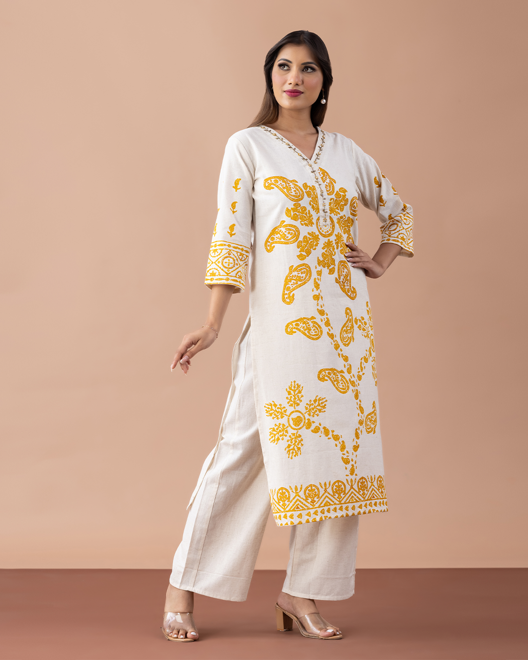 Off-White and Yellow Printed Kurta with Sequins Work