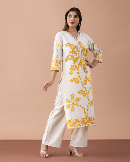 Off-White and Yellow Printed Kurta with Sequins Work