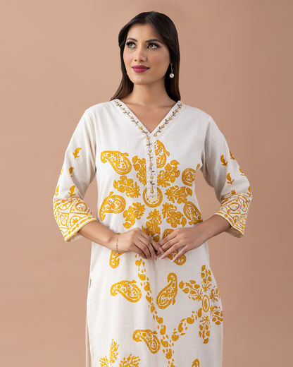 Off-White and Yellow Printed Kurta with Sequins Work