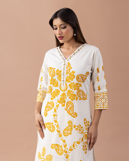 Off-White and Yellow Printed Kurta with Sequins Work