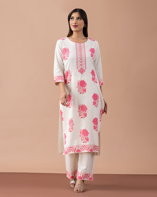 Off White with Floral Pink Printed Suit - Set of 2